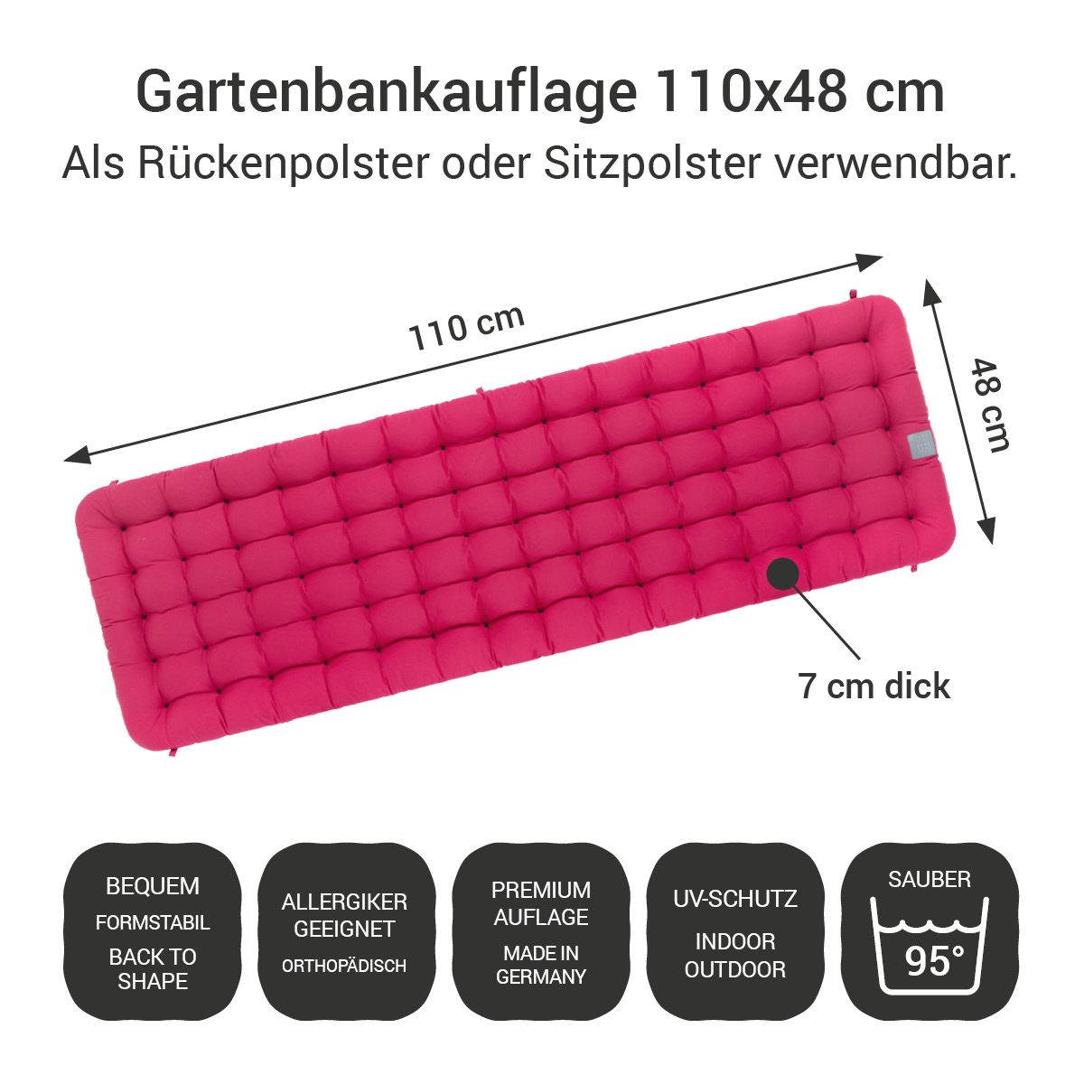Gartenbankauflage hot pink | 110x48 cm / 110 x 50 cm | bequem & orthopädisch, komplett im Ganzen waschbar bis 95°C, wetterfest, Made in Germany