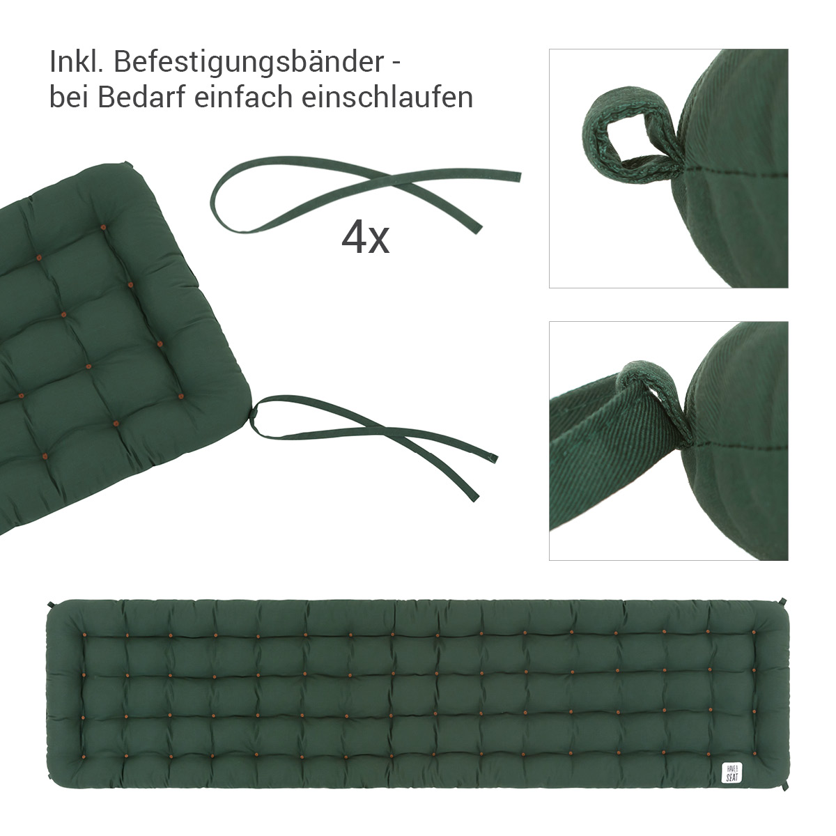Hochwertige, Premium Auflage Sitzbank Moosgrün mit Bändern / Schlaufen | HAVE A SEAT Living - Made in Germany