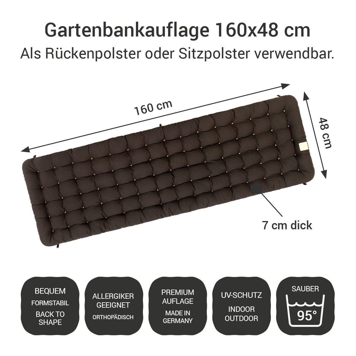 Gartenbank Auflage braun 160x48 cm / 160 x 50 cm | bequem & orthopädisch, komplett im Ganzen waschbar bis 95°C, wetterfest, Made in Germany
