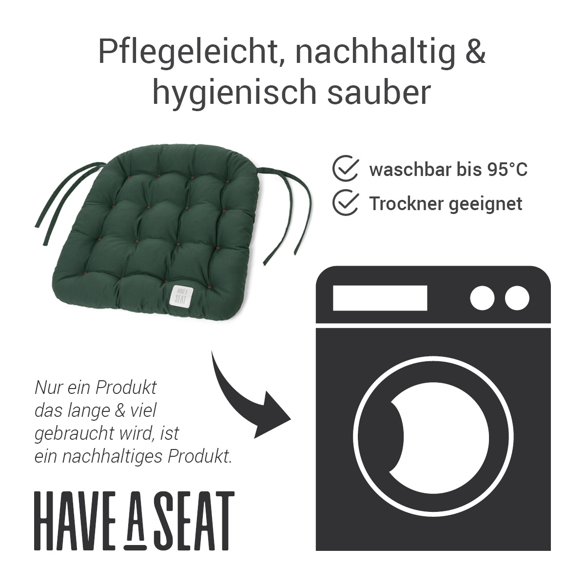 Sitzkissen für Rattansessel dunkelgrün 48x46 cm, komplett waschbar bis 95°C (das Sitzkissen für Stühle hat keinen Überzug) | HAVE A SEAT Living