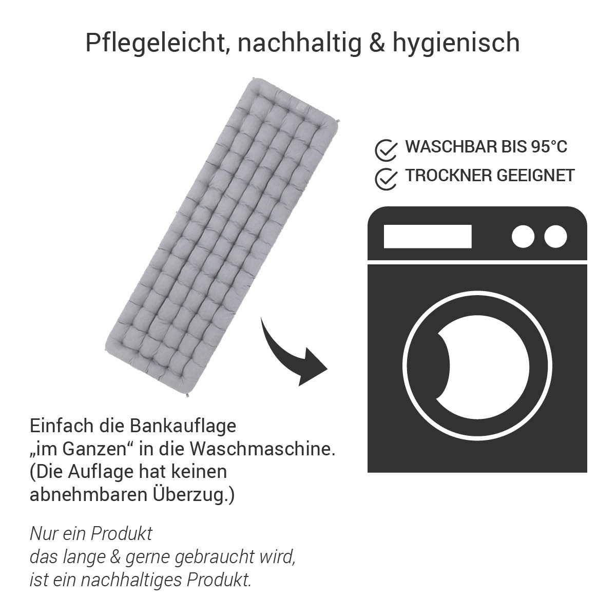 Gartenbank Auflage waschbar bis 95° C | Hellgrau | HAVE A SEAT Living Sitzauflage für Sitzbank hellgrau | komplett im Ganzen waschbar bis 95° C, Trockner geeignet, das Sitzpolster hat keinen abnehmbaren Überzug