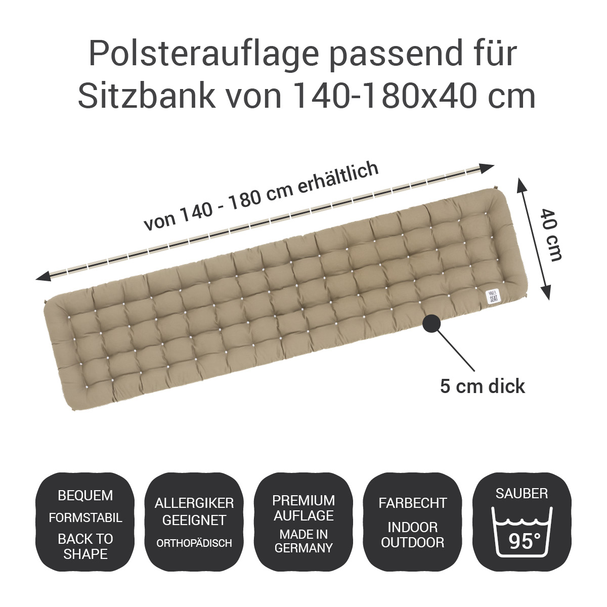 Bankauflage bequem, orthopädisch, Allergiker geeignet, Indoor / Outdoor für Sitzbank 140x40 cm / 160x40 cm / 180x40 cm | HAVE A SEAT Living