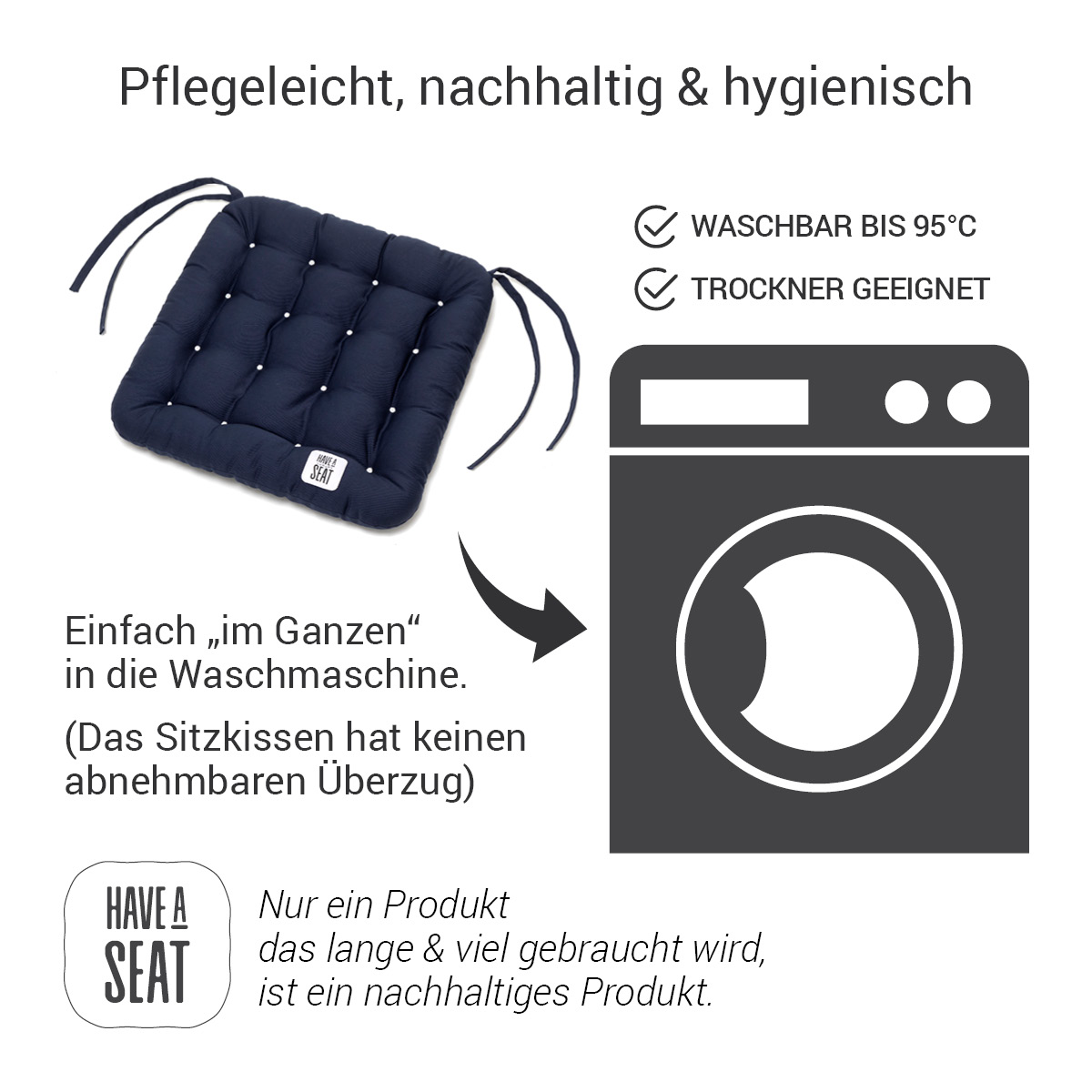 Sitzkissen blau waschbar bis 95°C im Ganzen (das Sitzkissen für Stühle hat keinen Überzug), Allergiker geeignet, Nachhaltig | HAVE A SEAT Living