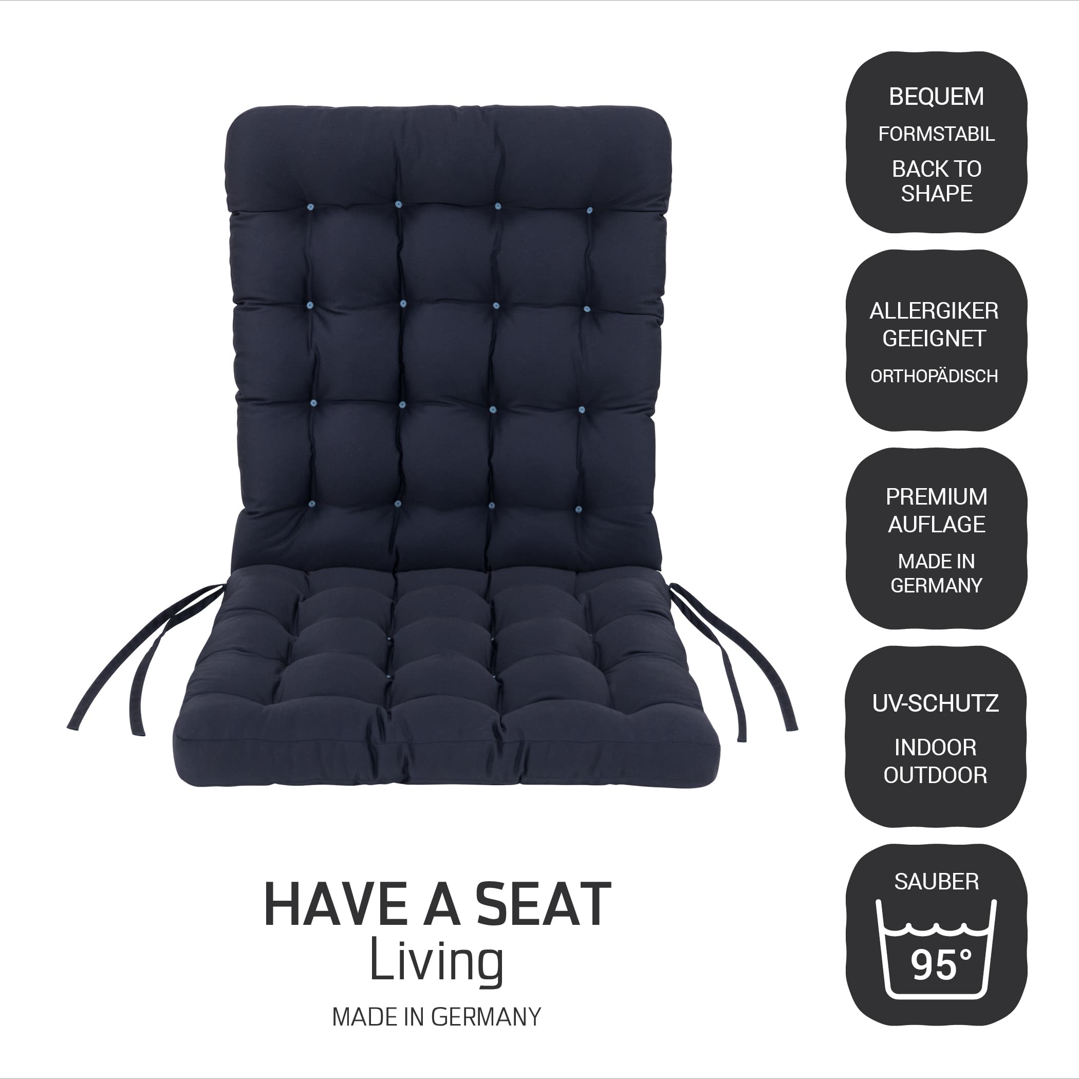 Stuhlauflage Niedriglehner waschbar | Marine-Blau | HAVE A SEAT Living Premium Niedriglehner Auflage Luxury 100x48 cm in Marine Blau – Eigenschaften: waschbar bis 95°C, wetterfest, orthopädisch, Made in Germany