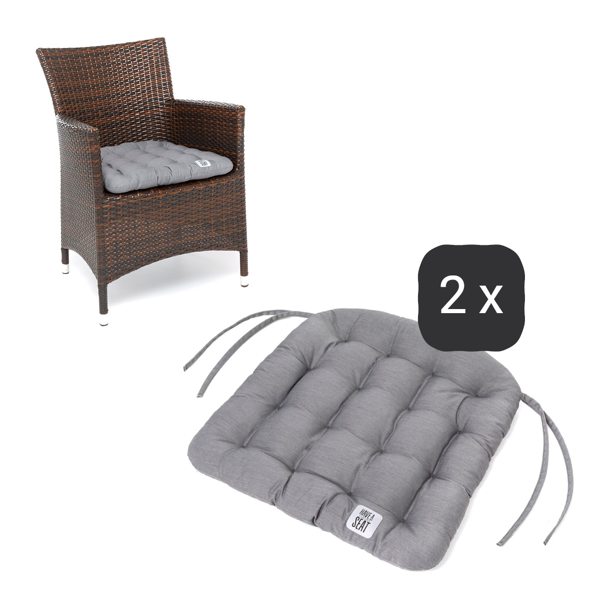 Sitzkissen für Rattanstühle 48x46 cm | Hellgrau | 2er Set | Premium-Sitzkomfort | Indoor / Outdoor | waschbar bis 95°C | HAVE A SEAT Living