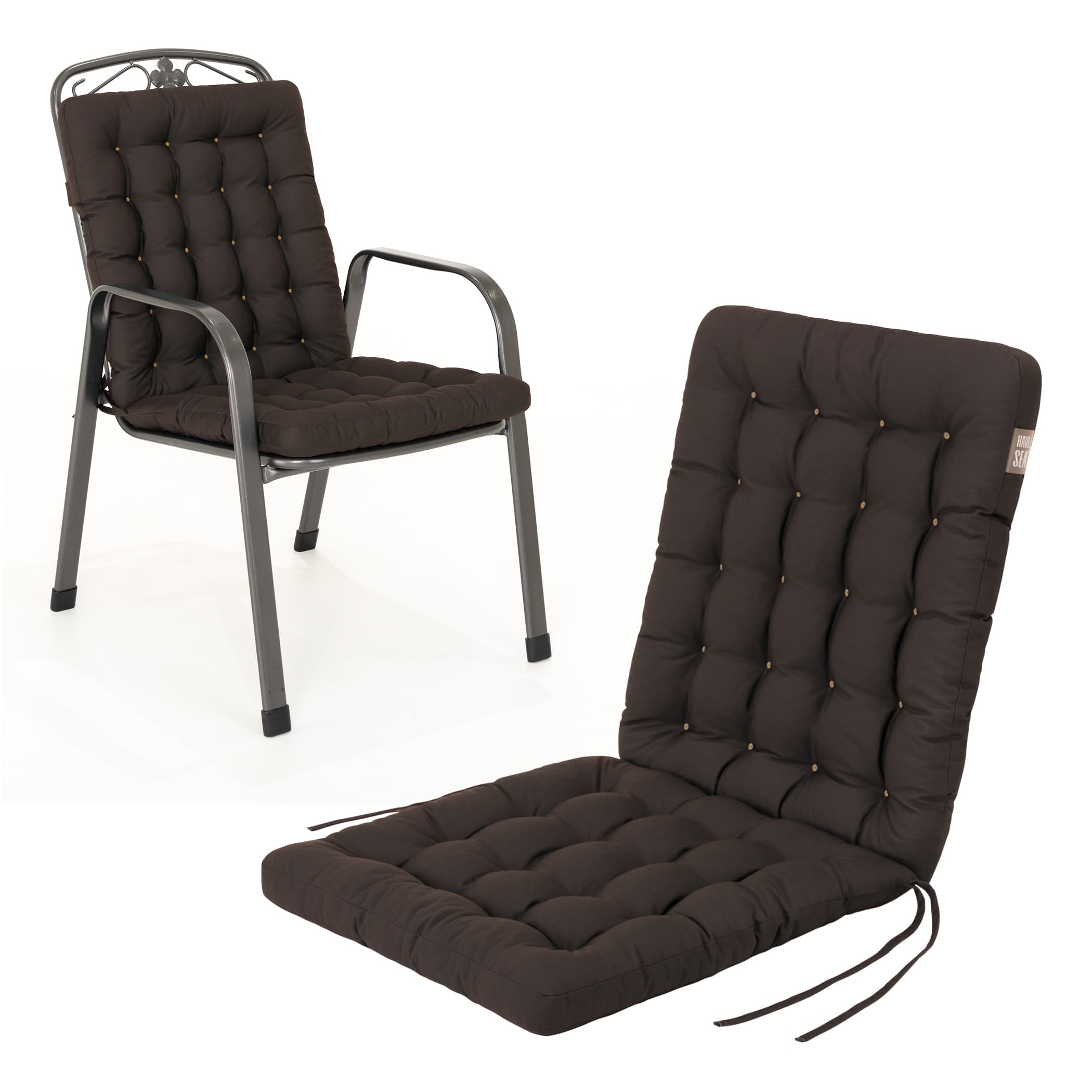 Polsterauflage Gartenstuhl Niedriglehner Luxury | 100x48 cm | Braun Orhopädische Auflage Niedriglehner Luxury 100x48 cm 6 cm dick in Braun – Seitenansicht und auf einem Dehner Savoy Gartenstuhl