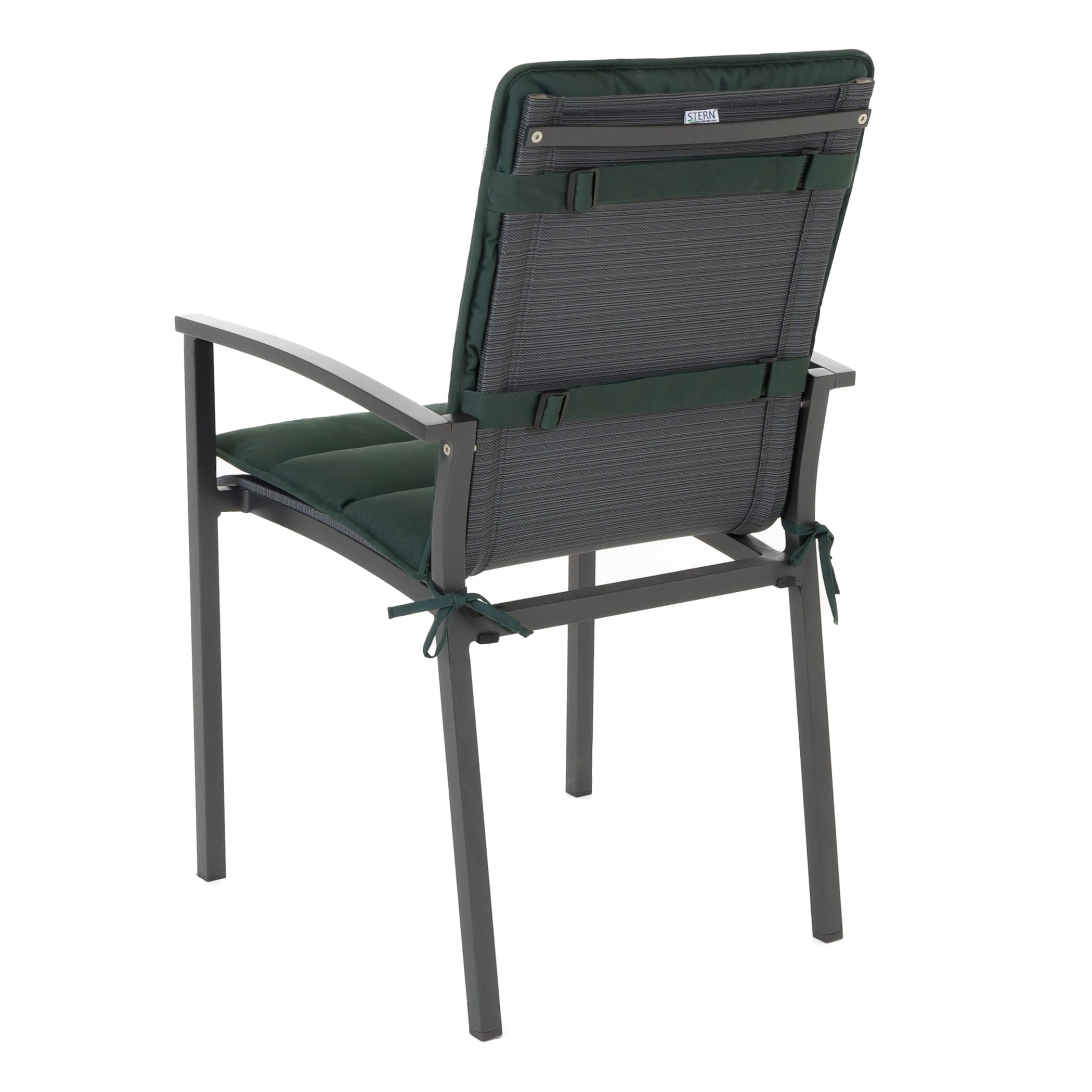 Polsterauflage Flair für Niedriglehner in Moosgrün auf einem Gartenstuhl - Rückansicht mit Darstellung der Befestigungsbänder