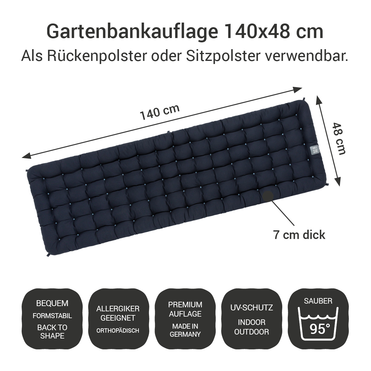 Gartenbank Auflagen (2x) | Marine-Blau | 140x48 cm | HAVE A SEAT Living Gartenbank Auflagen (2tlg.) dunkelblau 140x48 cm / 140 x 50 cm | bequem & orthopädisch, komplett im Ganzen waschbar bis 95°C, wetterfest, Made in Germany