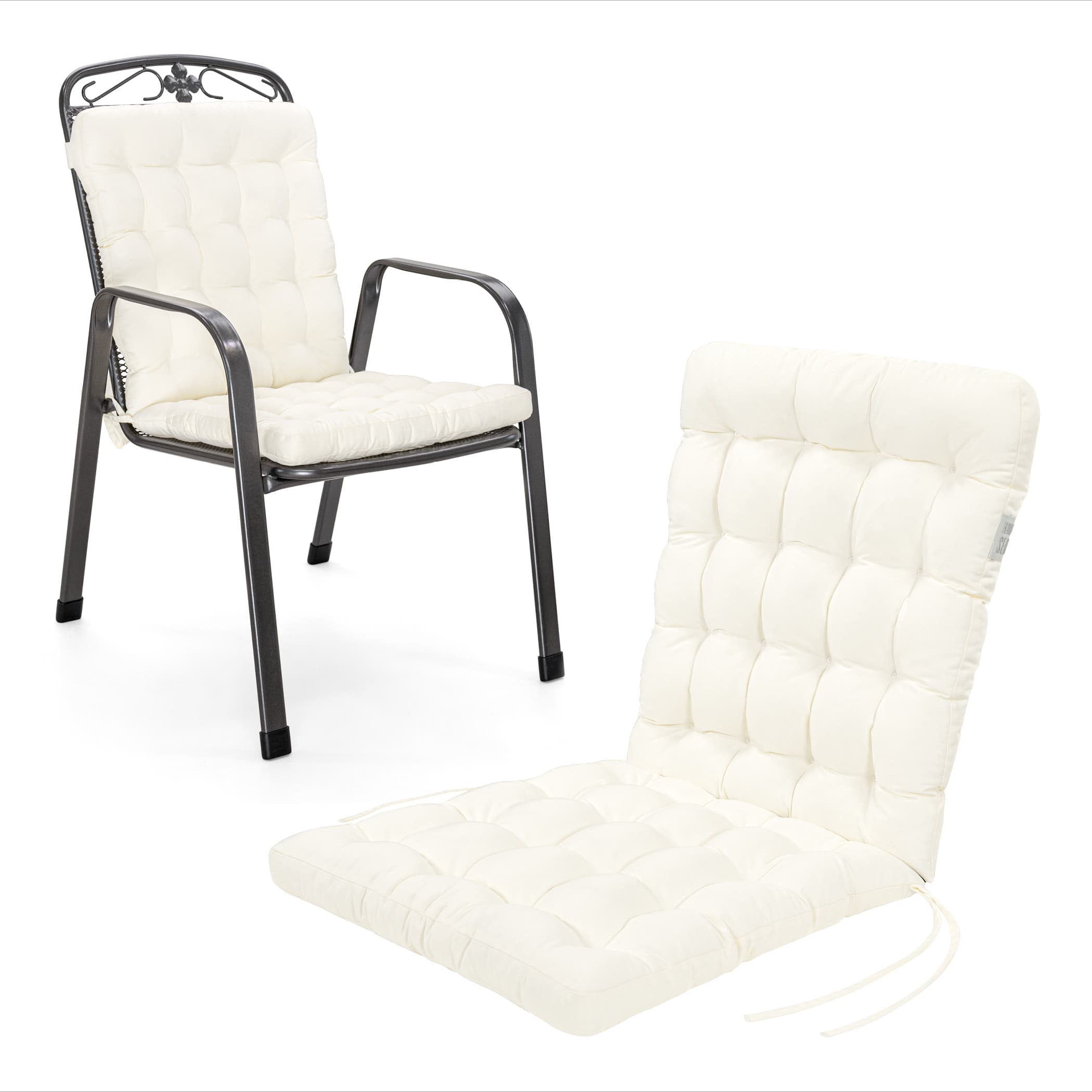 Niedriglehner Auflagen | Weiß | HAVE A SEAT Living Orhopädische Auflage Niedriglehner Luxury 100x48 cm 6 cm dick in Weiß – Seitenansicht und auf einem Dehner Savoy Gartenstuhl