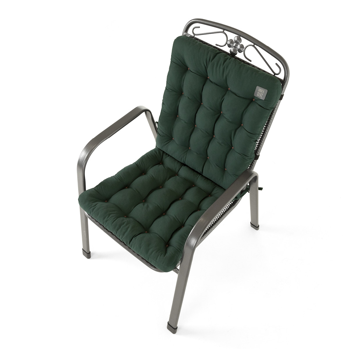 Sitzkissen mit Rückenlehne Moosgrün | dicke Polsterung mit Schleifen und Bänder zur Befestigung an Gartenstuhl / Stapelstuhl | HAVE A SEAT Living 