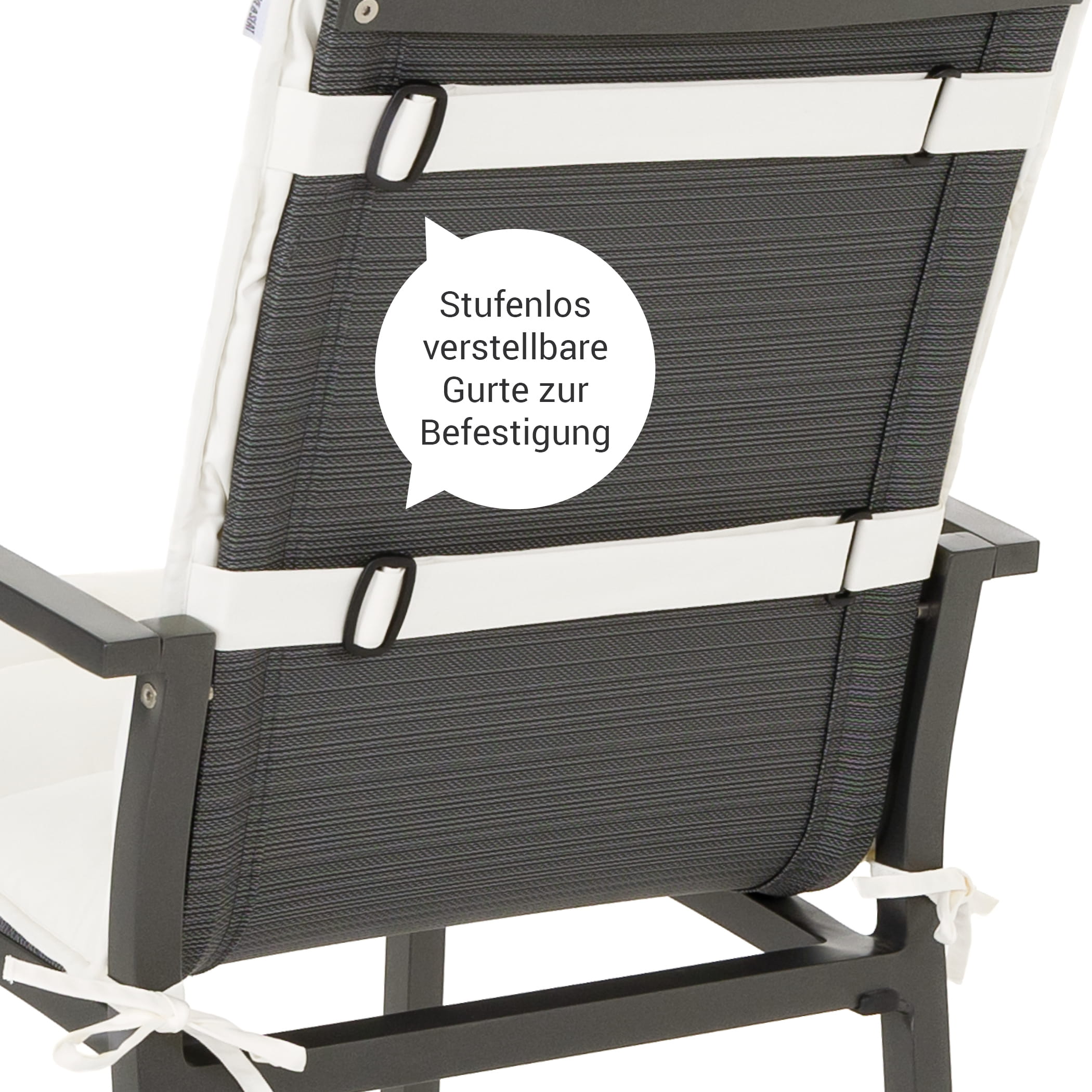 Sitzauflage Flair in Weiss - Detailansicht der Stufenlos verstellbaren Gurte zur Befestigun g- Rückansicht auf Niedriglehner-Gartenstuhl