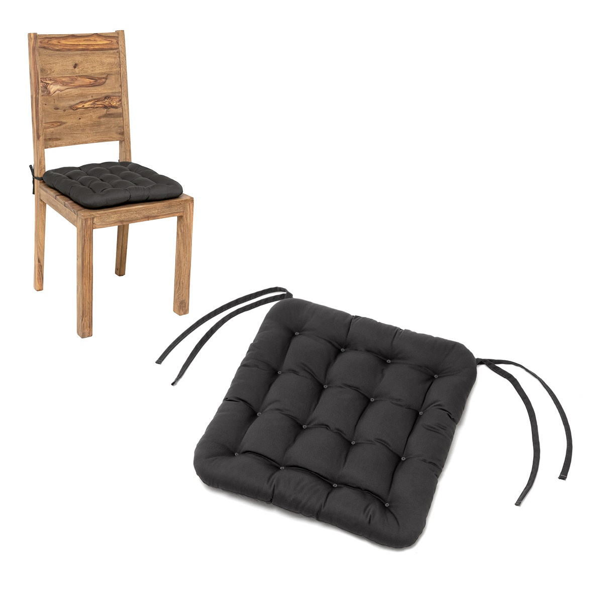 HAVE A SEAT Living Stuhlkissen 40x40 cm Grau / Anthrazit | bequemes, orthopädisches Sitzkissen in hochwertiger Qualität mit Bändern für Holzstuhl 