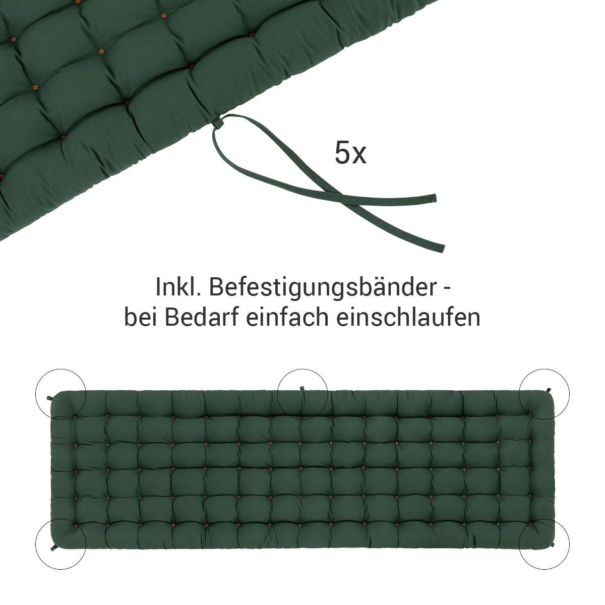 HAVE A SEAT Living | 2 tlg. Gartenbank Polster 2x5 Bändern | Moosgrün HAVE A SEAT Living dunkelgrüne Gartenbank Polster 2 tlg. mit 2x5 Bänder die nach Bedarf zur Befestigung an Gartenmöbel / Sitzbank verwendet werden