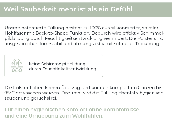 Hygienische Gartenpolster mit Spiral-Hohlfaser – waschbar bis 95 °C und schimmelresistent Atmungsaktive Gartenpolster mit Spiral-Hohlfaser und Back-to-Shape-Effekt, waschbar bis 95 °C und resistent gegen Schimmelbildung.
