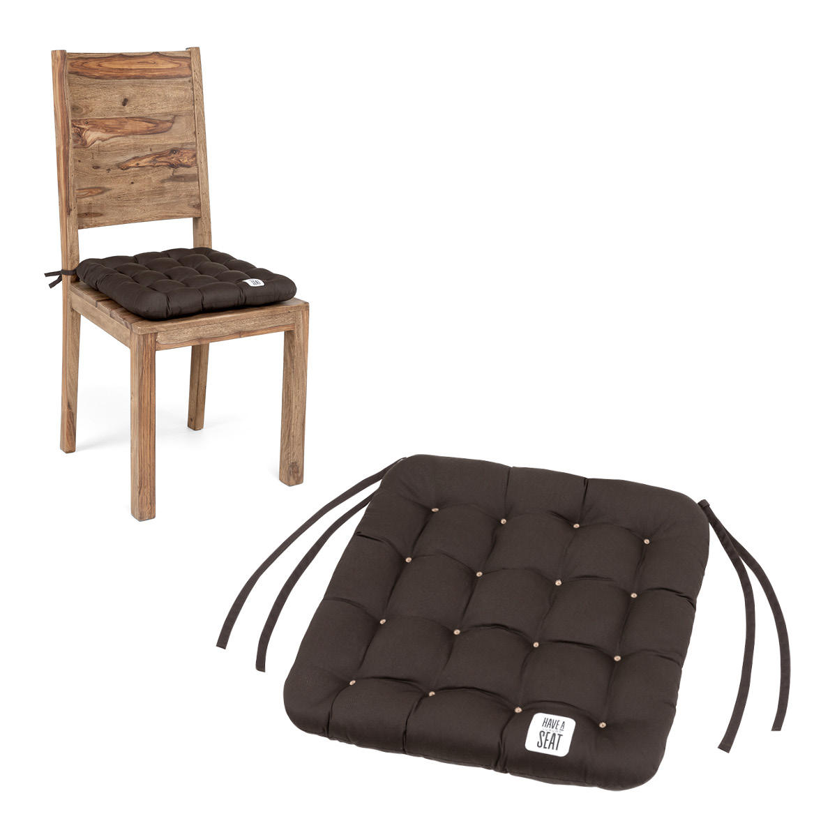 HAVE A SEAT Living Stuhlkissen 40x40 cm Braun | bequemes, orthopädisches Sitzkissen in hochwertiger Qualität mit Bändern für Holzstuhl 