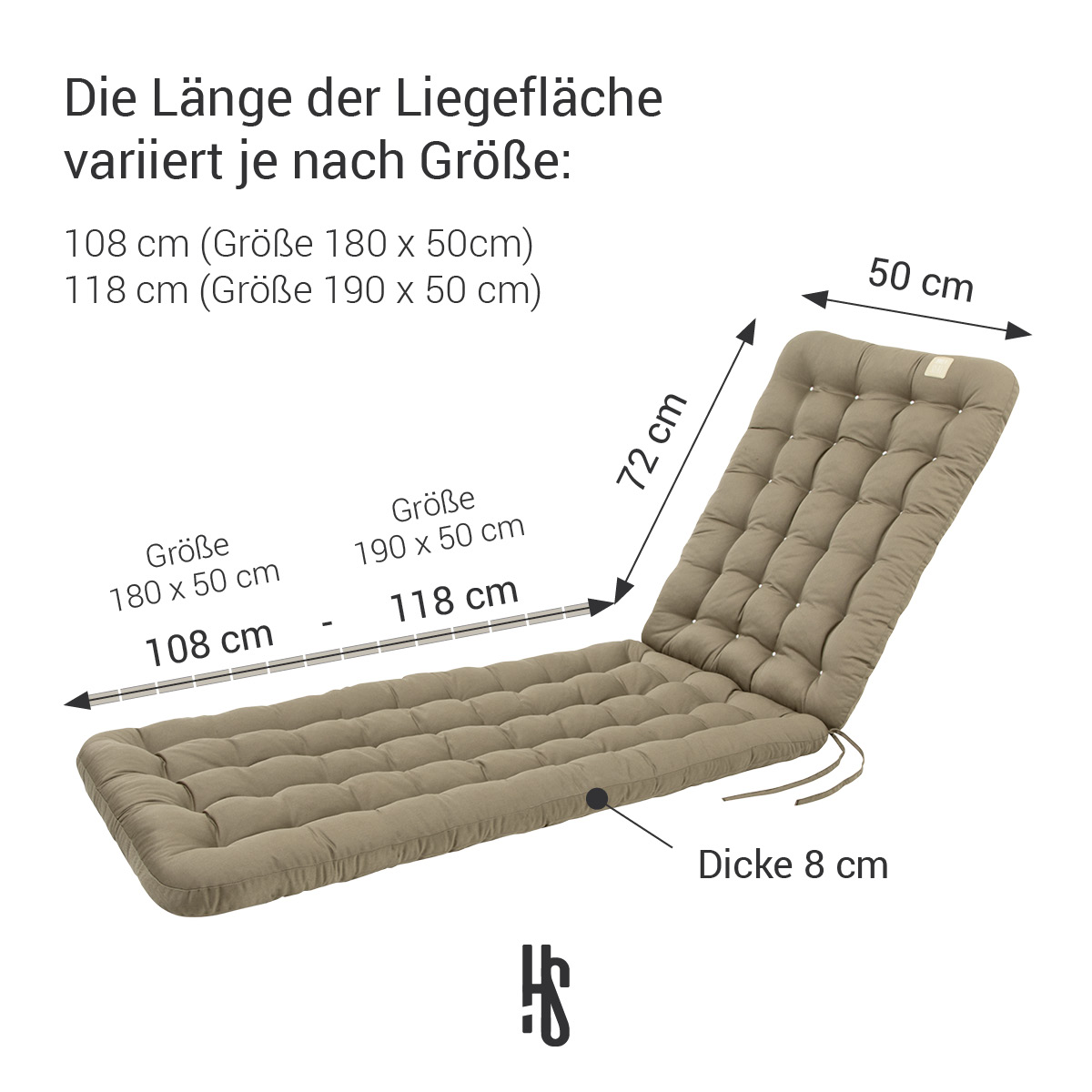 Deckchair Auflage Goldbraun in 180x50 cm / 190x50 cm, Polsterung 8 cm Dick mit Rückenteil 72 cm lang | orthopädische Liegefläche | HAVE A SEAT Living