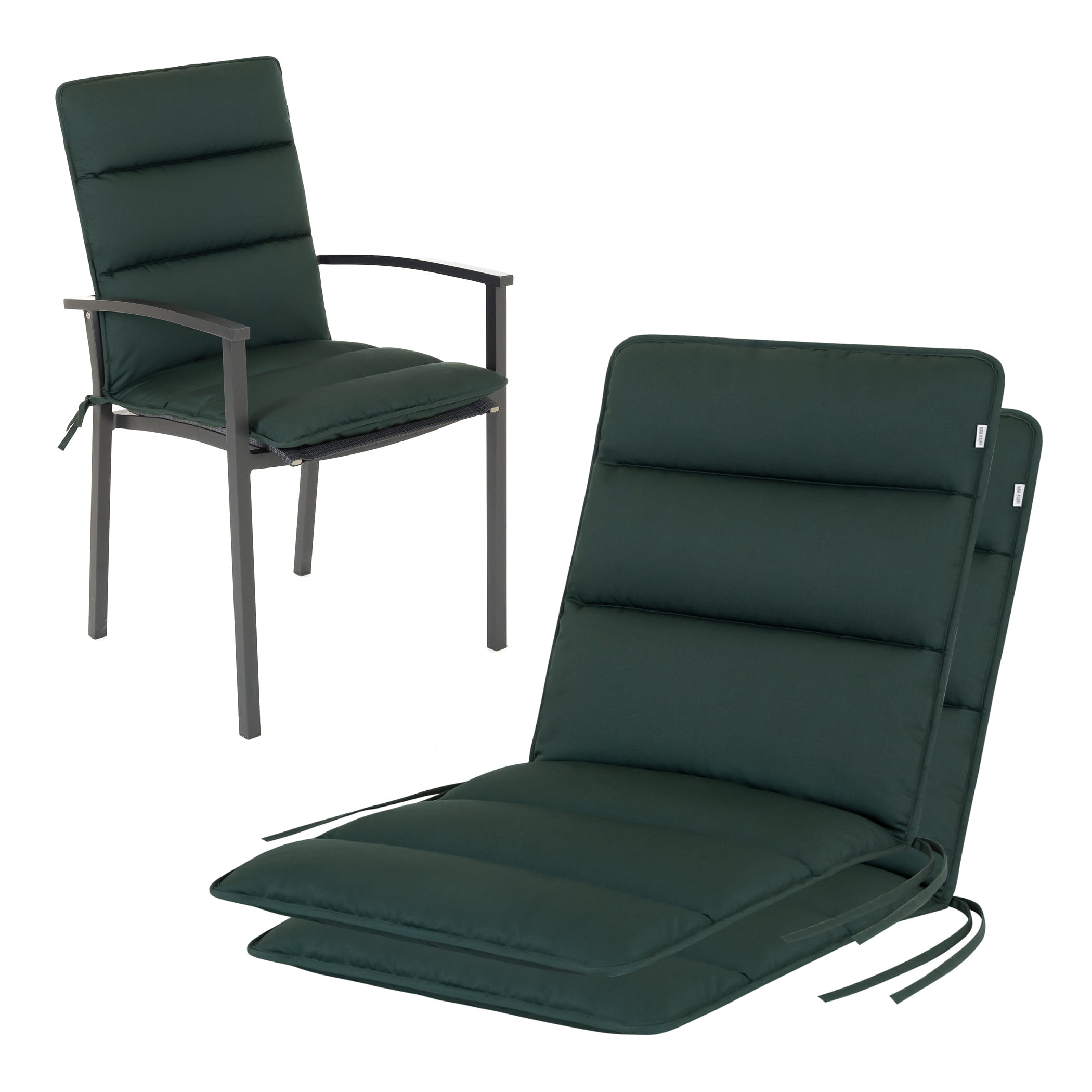 Niedriglehner Auflagen Flair 100x48 cm in Moosgrün, 2er Set - seitliche Ansicht und montiert auf Stapelstuhl mit Mesh-Sitzfläche