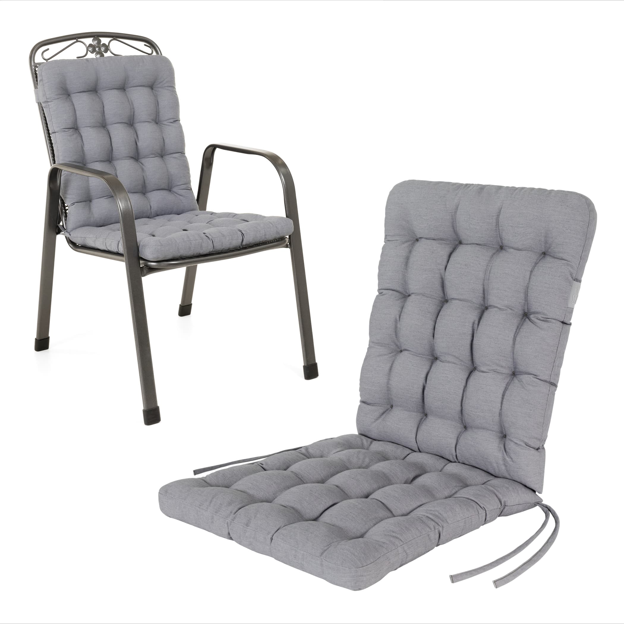 Niedriglehner Auflagen | Hellgrau | HAVE A SEAT Living Orhopädische Auflage Niedriglehner Luxury 100x48 cm 6 cm dick in Hellgrau – Seitenansicht und auf einem Dehner Savoy Gartenstuhl