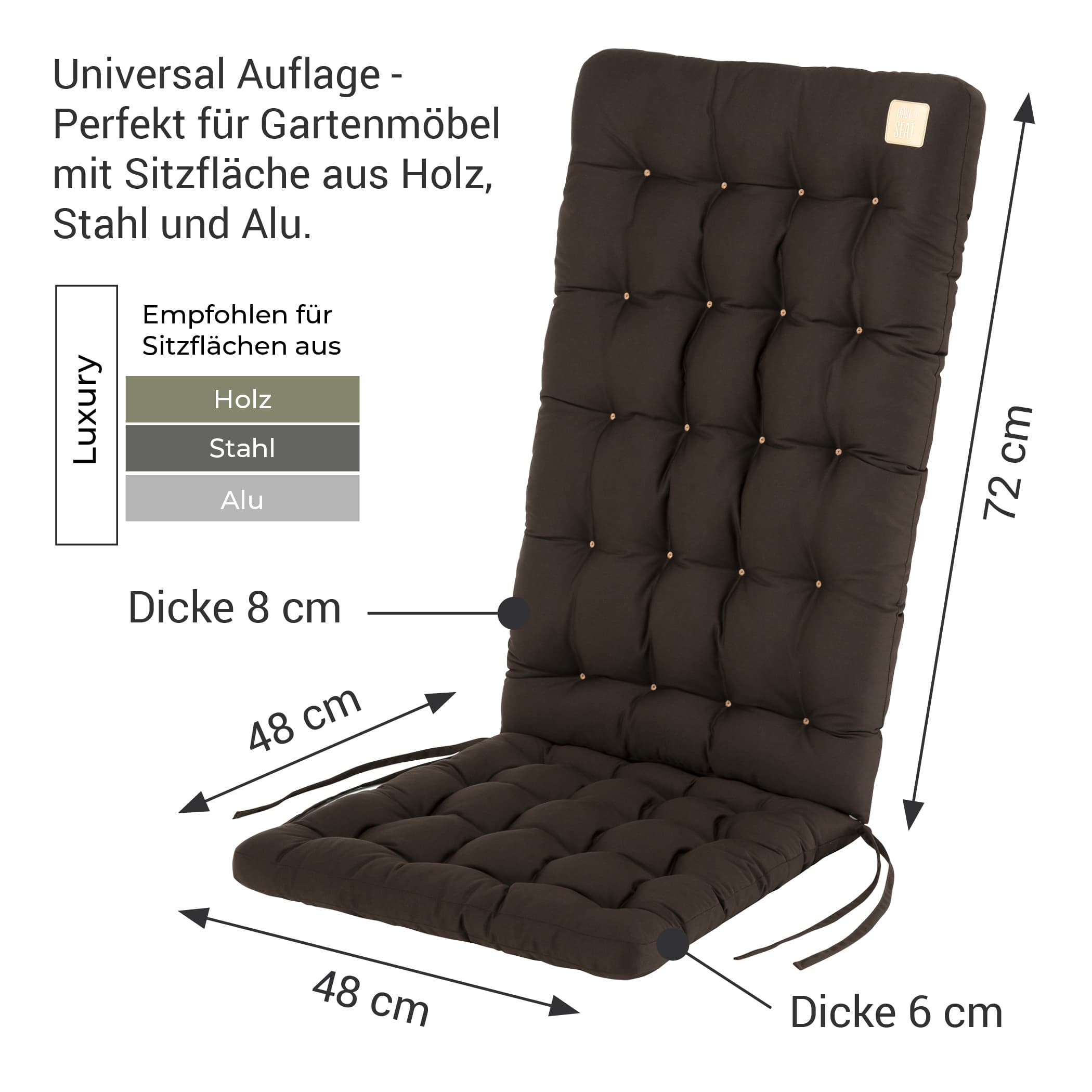 Stuhlauflage Hochlehner 120x48 cm | Braun | HAVE A SEAT Living Braune Stuhlauflage für Hochlehner Gartenstuhl | Rückenpolster 72x48 cm / Dicke 8 cm, Sitzkissen 48x48 cm / Dicke 6 cm, Gesamtgröße 120x48 cm