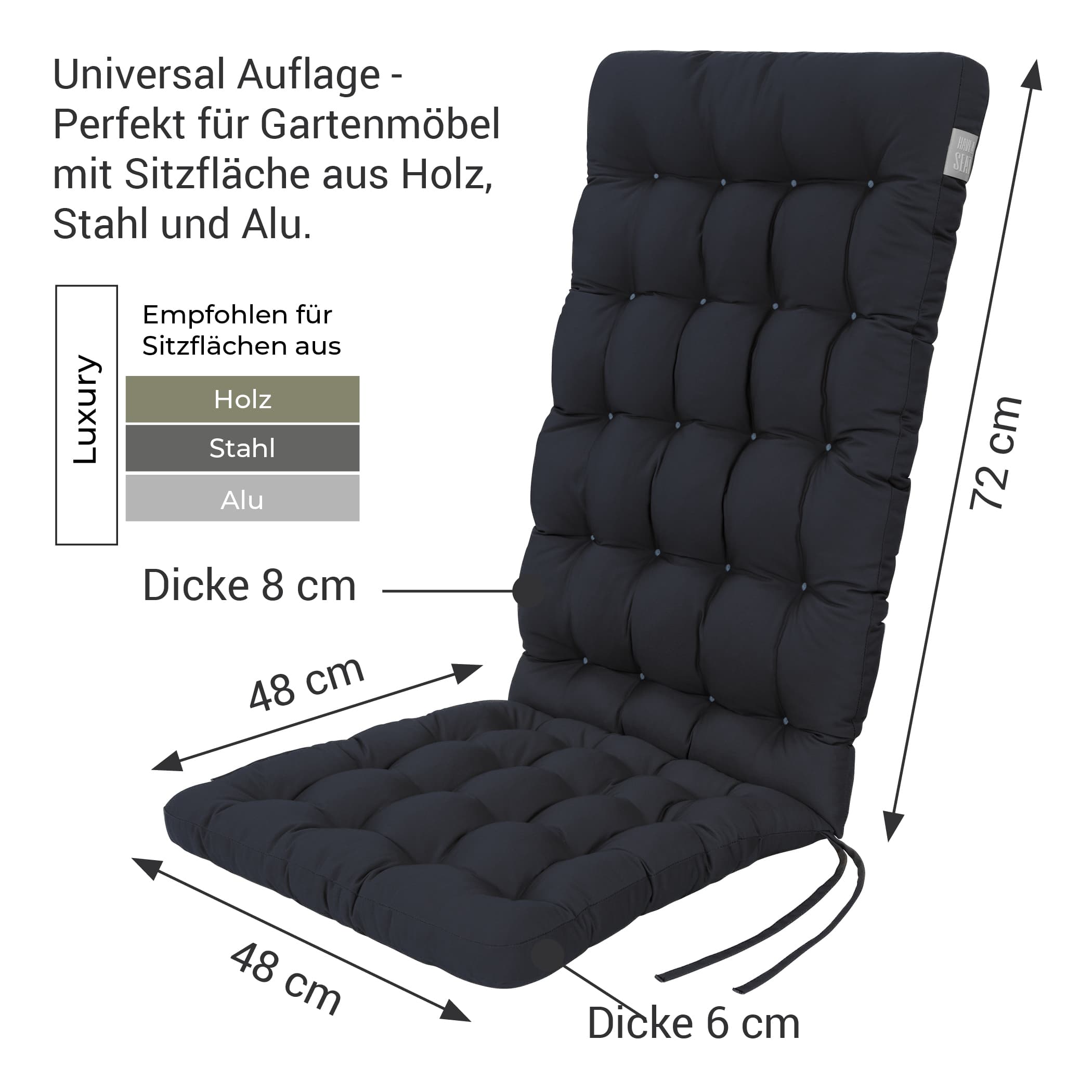 Stuhlauflage Hochlehner 120x48 cm | Marine-Blau | HAVE A SEAT Living Universal-Auflage  für Hochlehner - Serie Luxury in Marine Blau - Auflagenbreite: 48 cm, Sitztiefe 48 cm, Höhe Rückenteil: 72 cm, Dicke: ca. 8 cm