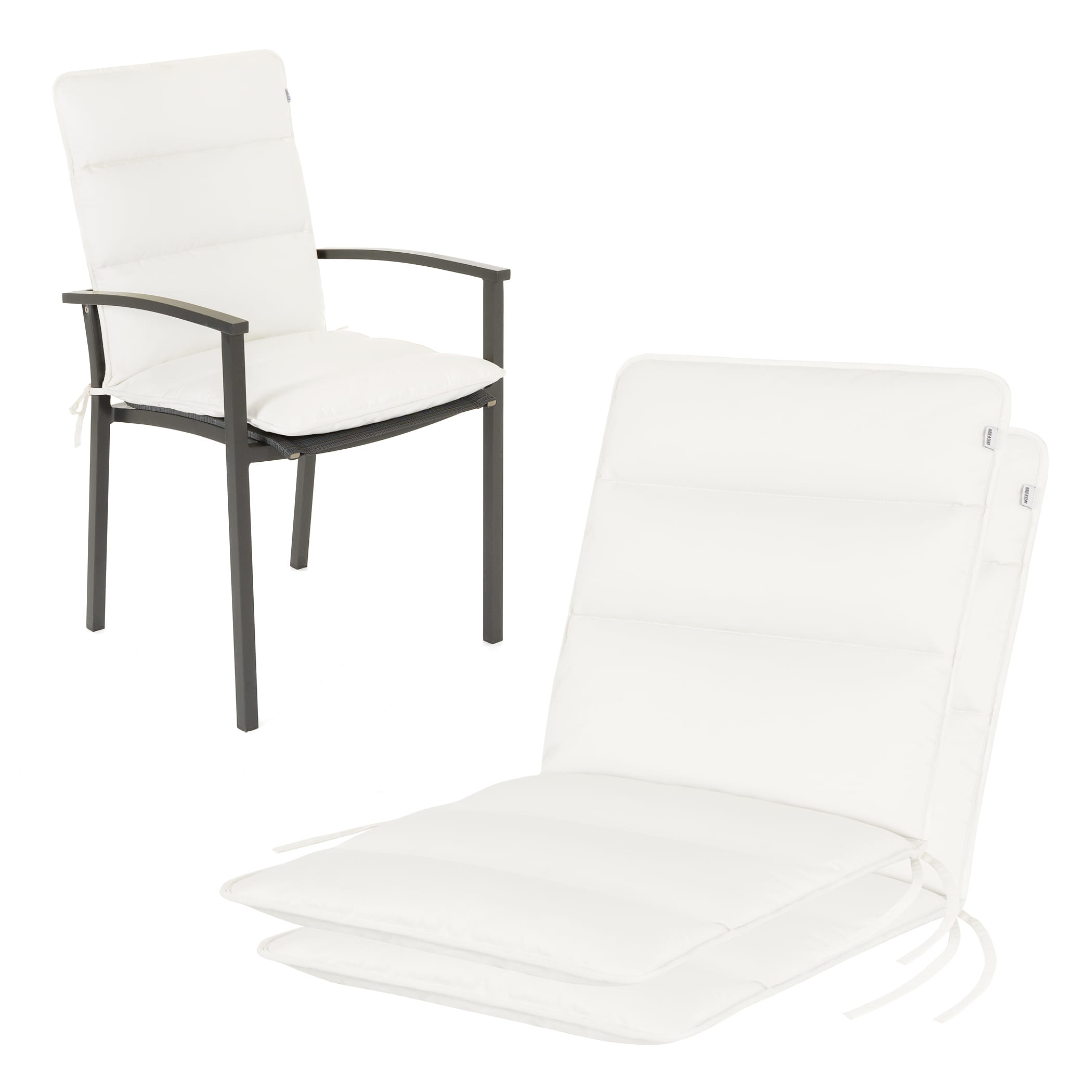 Niedriglehner Auflagen Flair 100x48 cm in Weiss, 2er Set - seitliche Ansicht und montiert auf Stapelstuhl mit Mesh-Sitzfläche