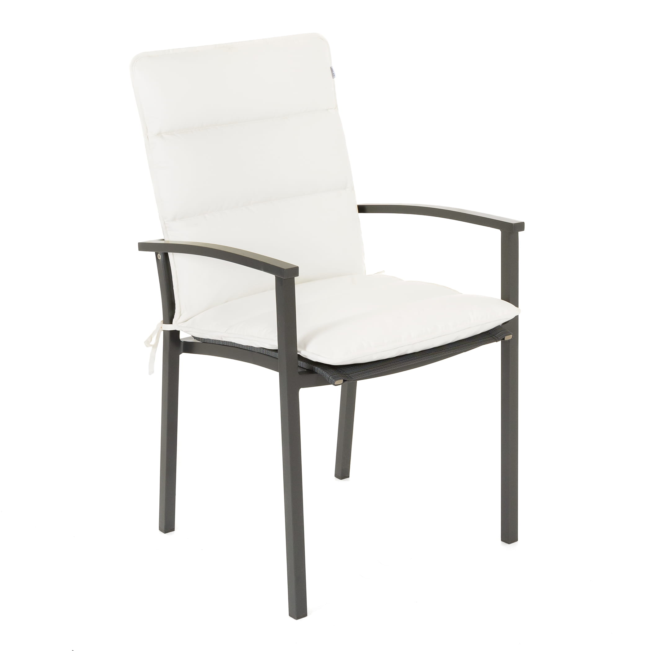 Sitzauflage Niedriglehner Flair in Weiss, 100x48 cm auf einem Gartenstuhl mit Mesh-Sitzfläche - Seitenansicht