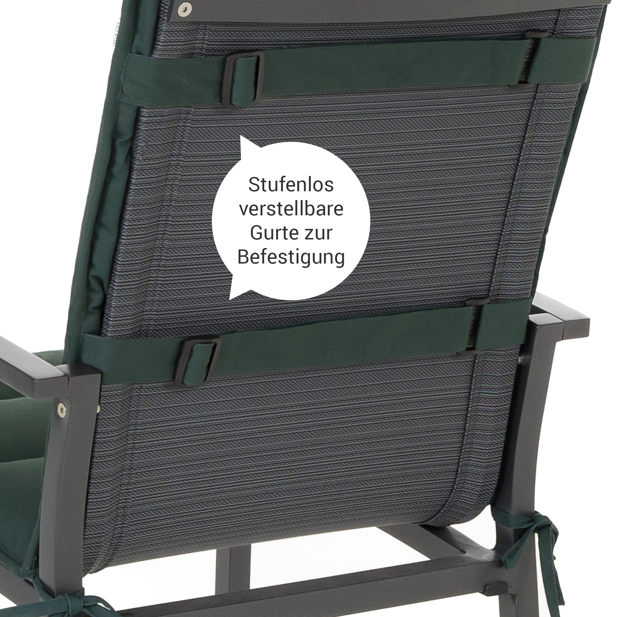 Sitzauflage Flair in Moosgrün - Detailansicht der Stufenlos verstellbaren Gurte zur Befestigung - Rückansicht auf Niedriglehner-Gartenstuhl