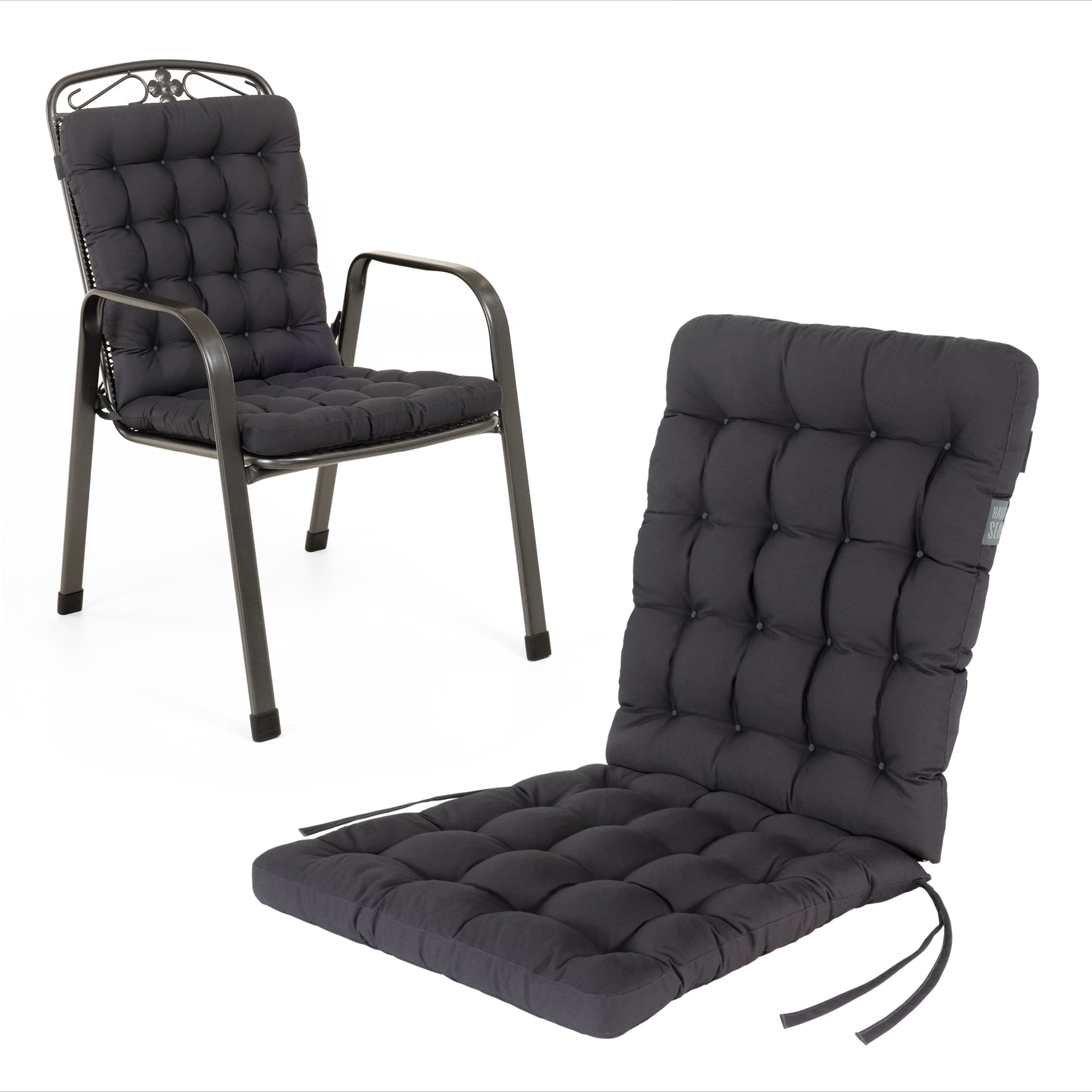 Niedriglehner Auflagen | Grau / Anthrazit | HAVE A SEAT Living Orhopädische Auflage Niedriglehner Luxury 100x48 cm 6 cm dick in Grau / Anthrazit – Seitenansicht und auf einem Dehner Savoy Gartenstuhl