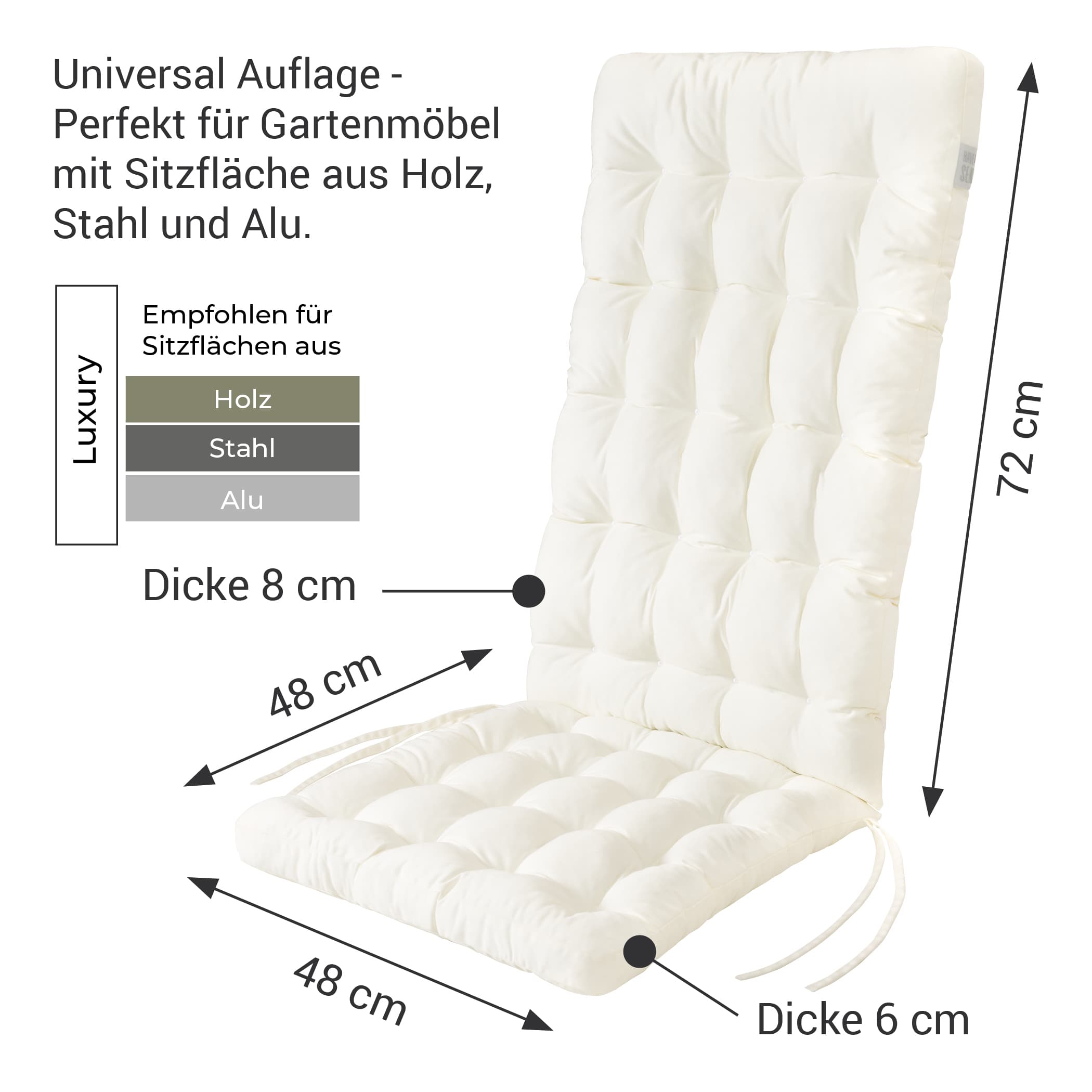 Stuhlauflage Hochlehner 120x48 cm | Weiß | HAVE A SEAT Living Weisse Stuhlauflage für Hochlehner Gartenstuhl | Rückenpolster 72x48 cm / Dicke 8 cm, Sitzkissen 48x48 cm / Dicke 6 cm, Gesamtgröße 120x48 cm