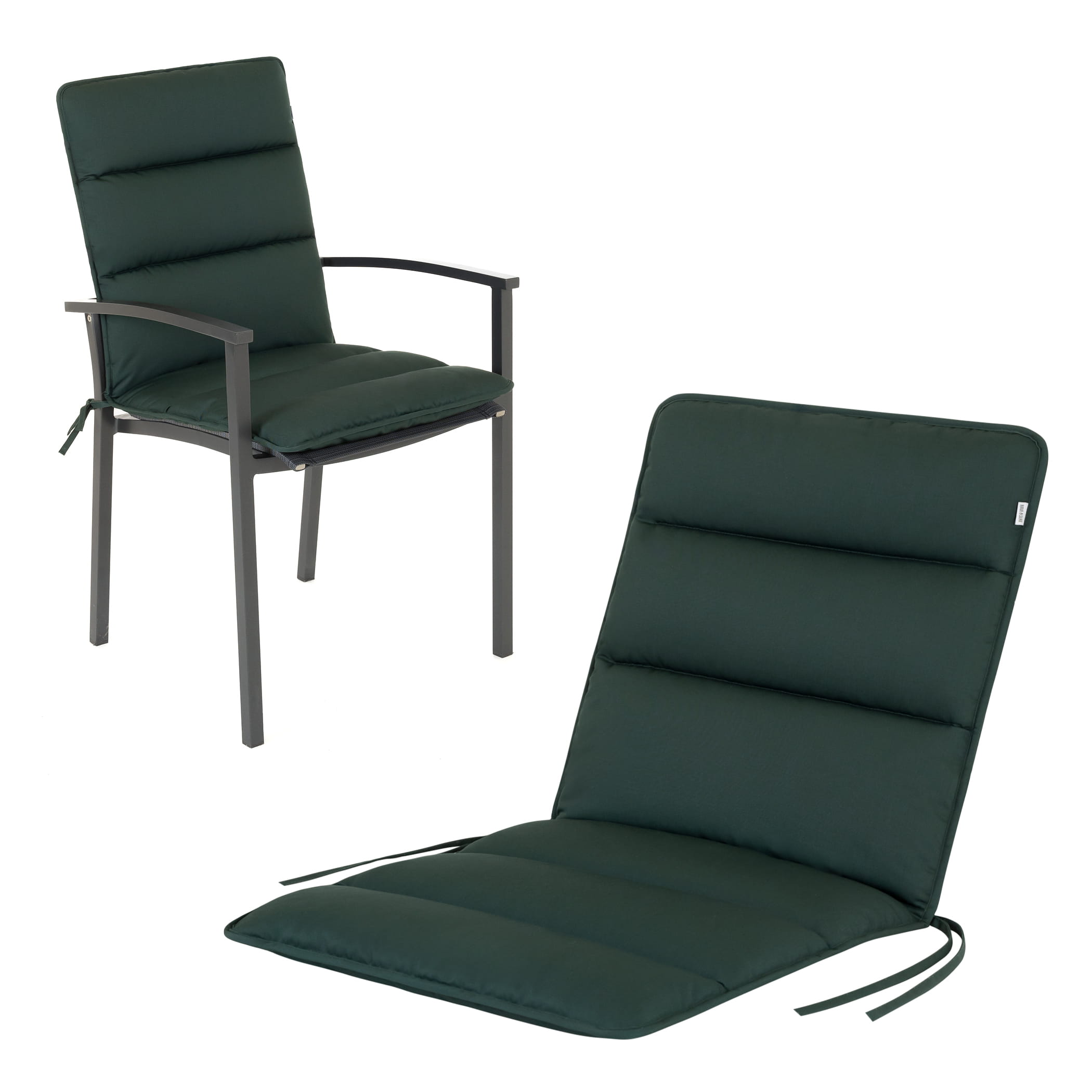 Sitzauflage Gartenstuhl Niederlehner Flair | 100x48 cm | Moosgrün Weiche Gartenstuhlauflage Flair 120x48 cm in Moosgrün – Seitenansicht und auf einem Niedriglehner-Stapelstuhl mit Mesh-Sitzfläche