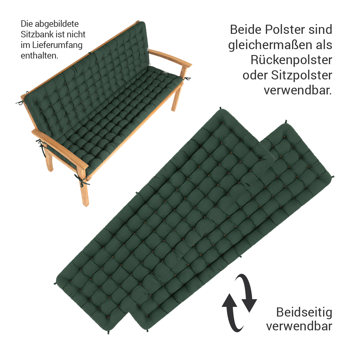 Gartenbank Auflagen mit Rückenpolster | Moosgrün | HAVE A SEAT Living HAVE A SEAT Living Auflagen für Gartenbank mit Rückenteil | Moosgrün | beidseitig verwendbar, die abgebildete Bank ist nicht im Lieferumfang enthalten