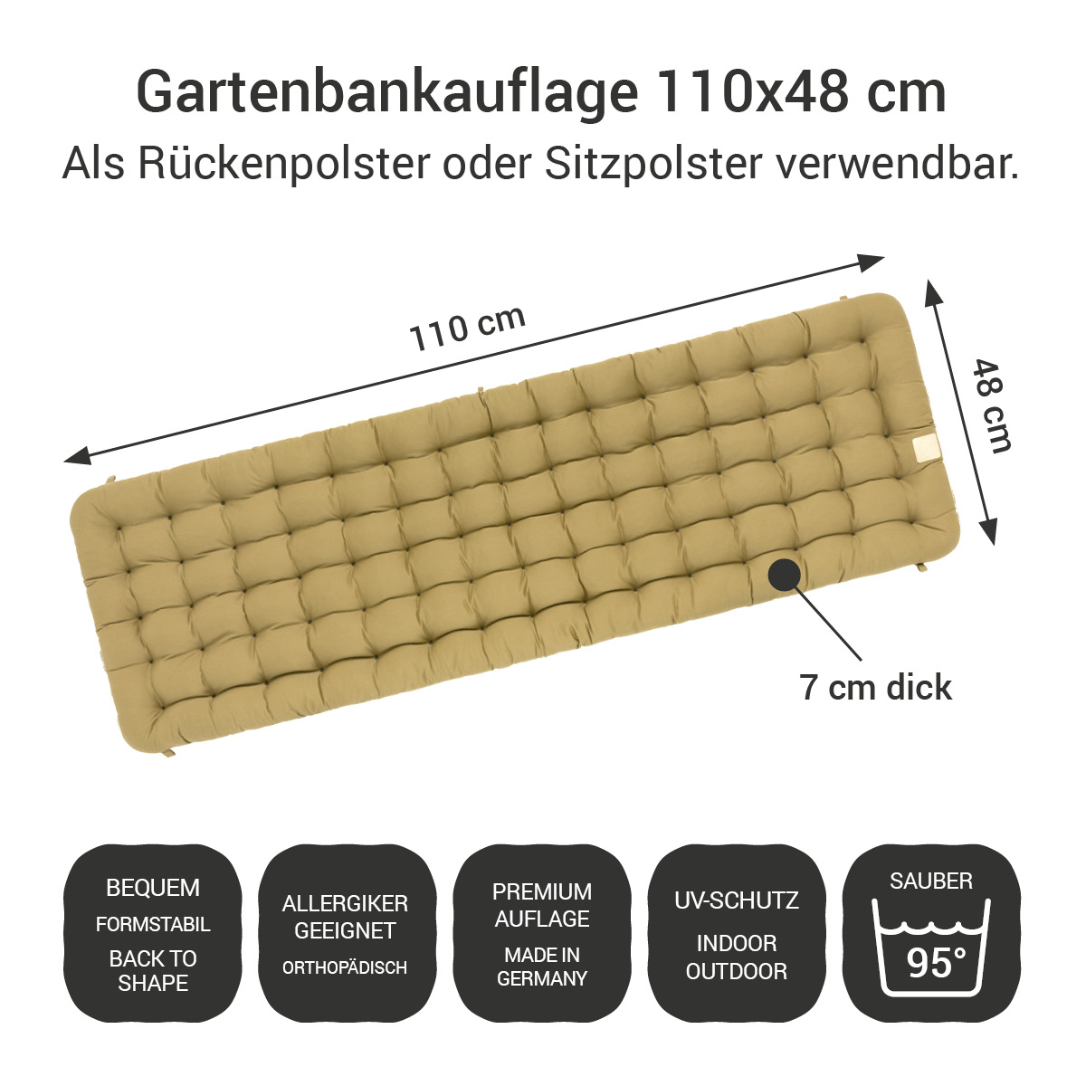 Gartenbank Auflage beige 110x48 cm / 110 x 50 cm | bequem & orthopädisch, komplett im Ganzen waschbar bis 95°C, wetterfest, Made in Germany