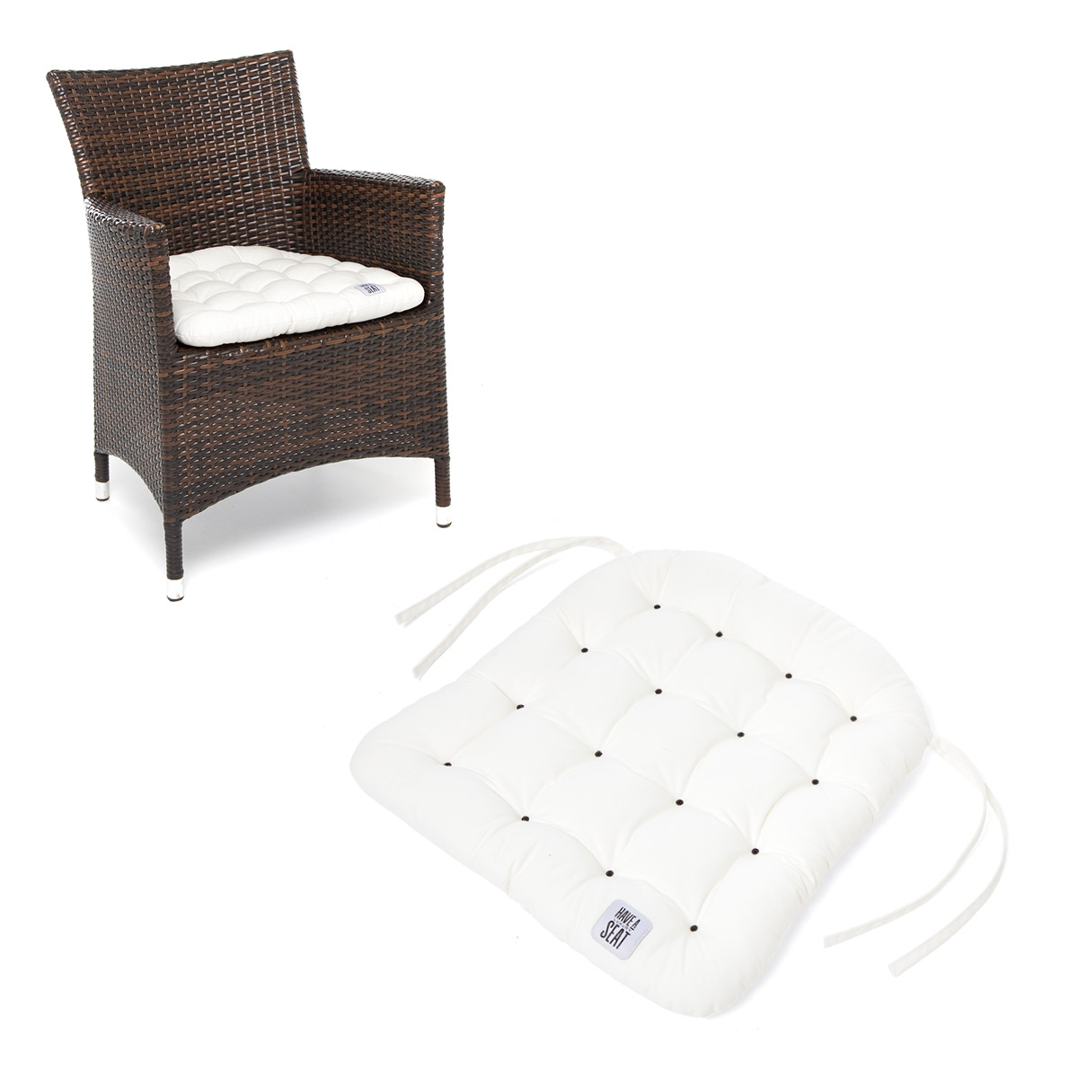 HAVE A SEAT Living Sitzkissen 48x46 cm konisch Weiß | bequemes, Outdoor Stuhlkissen in hochwertiger Qualität mit Bändern für Rattanstuhl