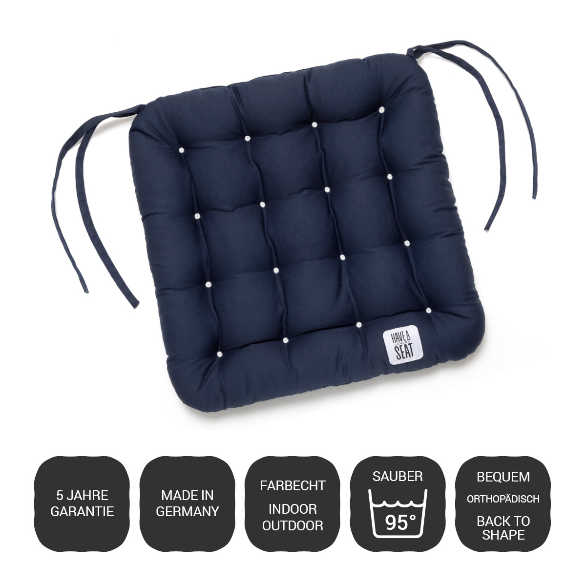 HAVE A SEAT Living Stuhlkissen 40x40 cm Marine-Blau | 5 Jahre Garantie | Made in Germany | Farbecht | Indoor / Outdoor / Bequem | orthopädisch
