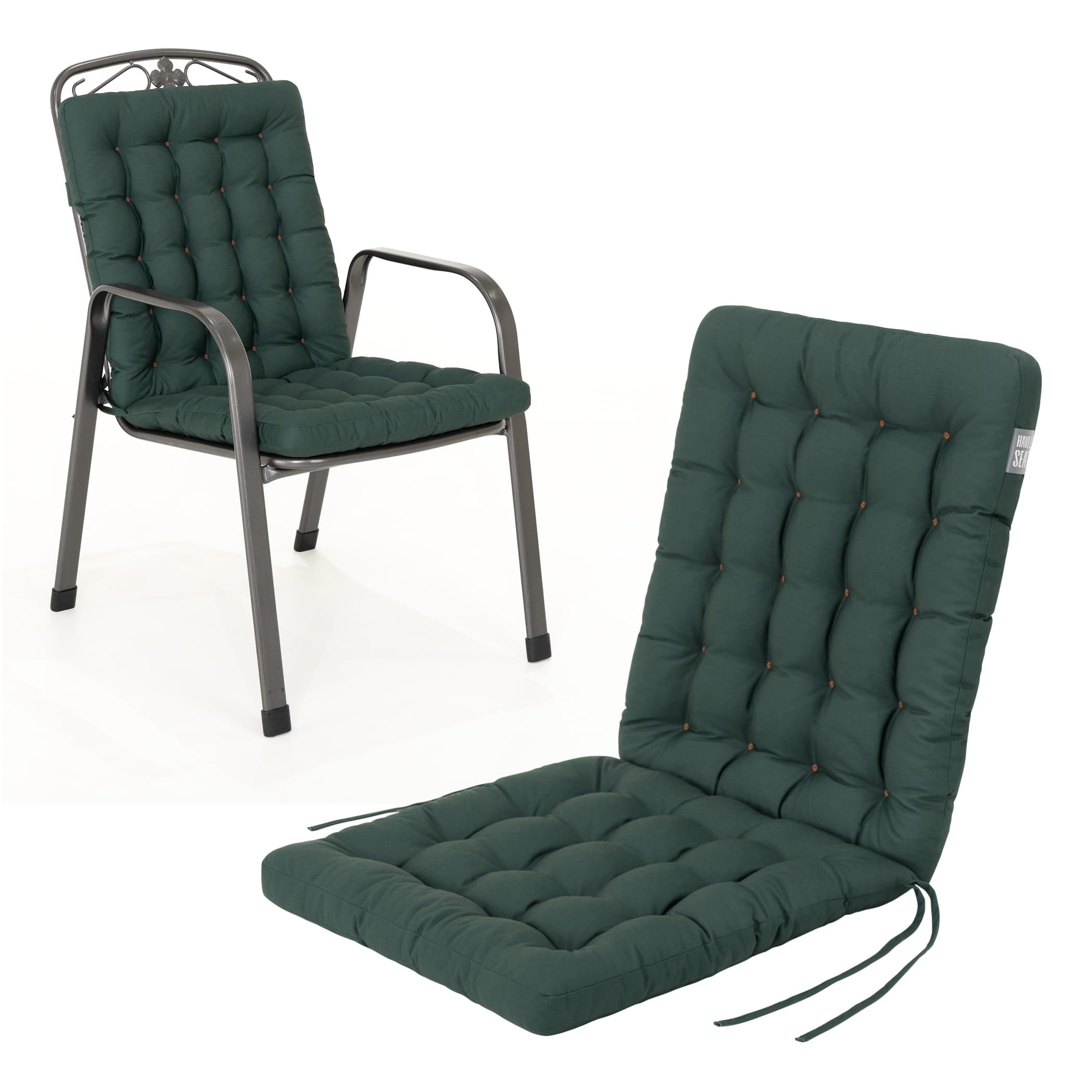 Gartenstuhl-Auflage Niedriglehner Luxury | 100x48 cm | Moosgrün Orhopädische Auflage Niedriglehner Luxury 100x48 cm 6 cm dick in Moosgrün / Grün – Seitenansicht und auf einem Dehner Savoy Gartenstuhl