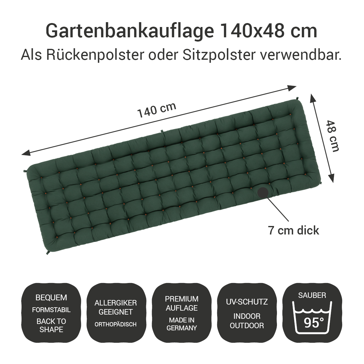 Gartenbank Auflagen (2x) | Moosgrün | 140x48 cm | HAVE A SEAT Living Gartenbank Auflagen (2tlg.) dunkelgrün 140x48 cm / 140 x 50 cm | bequem & orthopädisch, komplett im Ganzen waschbar bis 95°C, wetterfest, Made in Germany