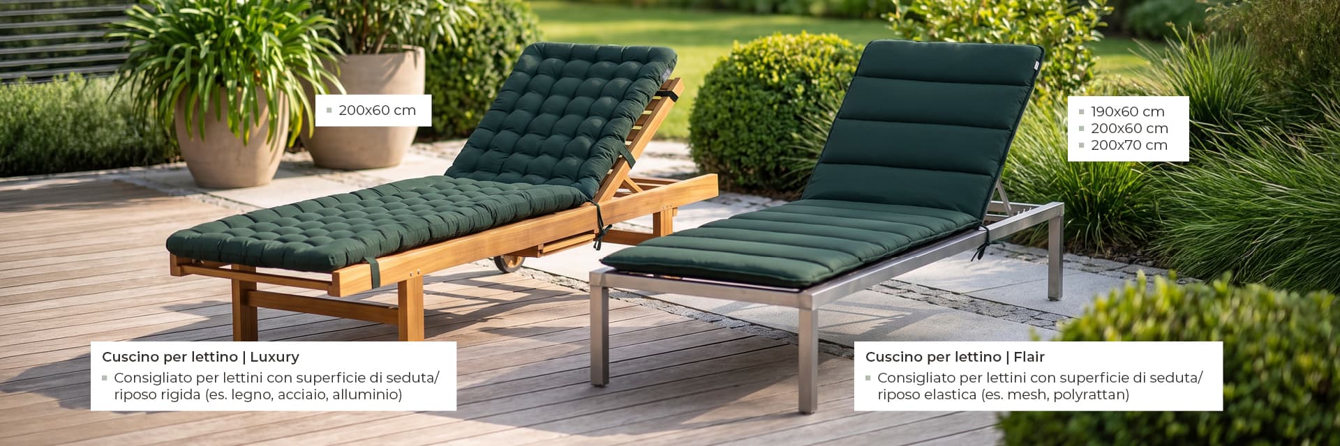 Due lettini da giardino affiancati su una terrazza – a sinistra cuscino Luxury per superfici rigide, a destra cuscino Flair per superfici elastiche, entrambi in verde scuro – cuscini HAVE A SEAT per lettini da giardino.