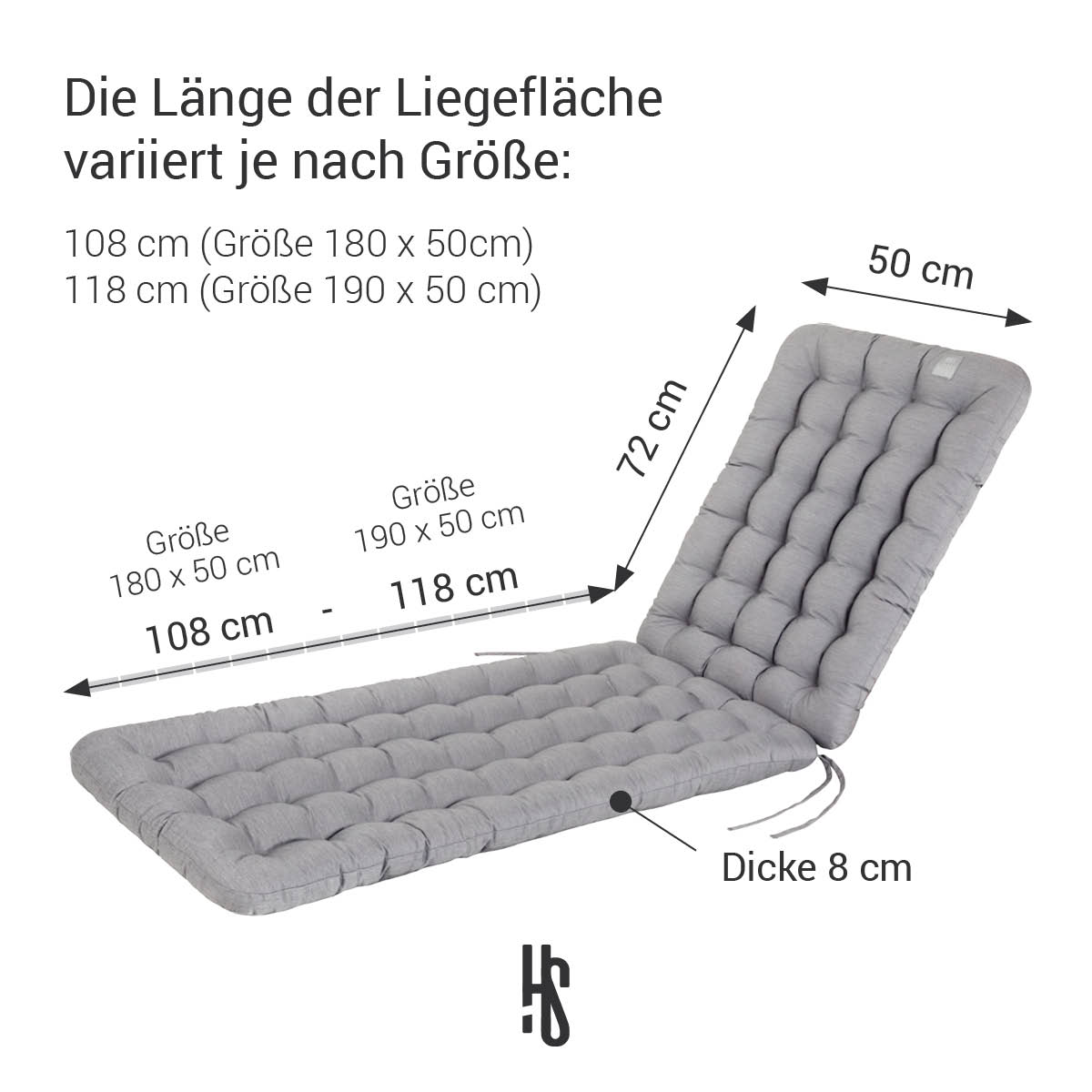 Deckchair Auflage Hellgrau in 180x50 cm / 190x50 cm, Polsterung 8 cm Dick mit Rückenteil 72 cm lang | orthopädische Liegefläche | HAVE A SEAT Living