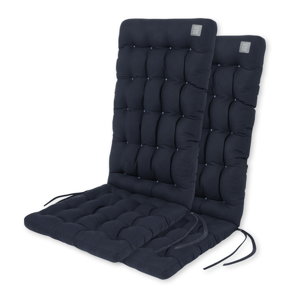 Sitzauflagen Hochlehner dunkelblau | 2er Set. | dicke Polsterung, 8/6 cm, wetterfest | mit Befestigungsbänder für Gartenstühle | HAVE A SEAT Living 