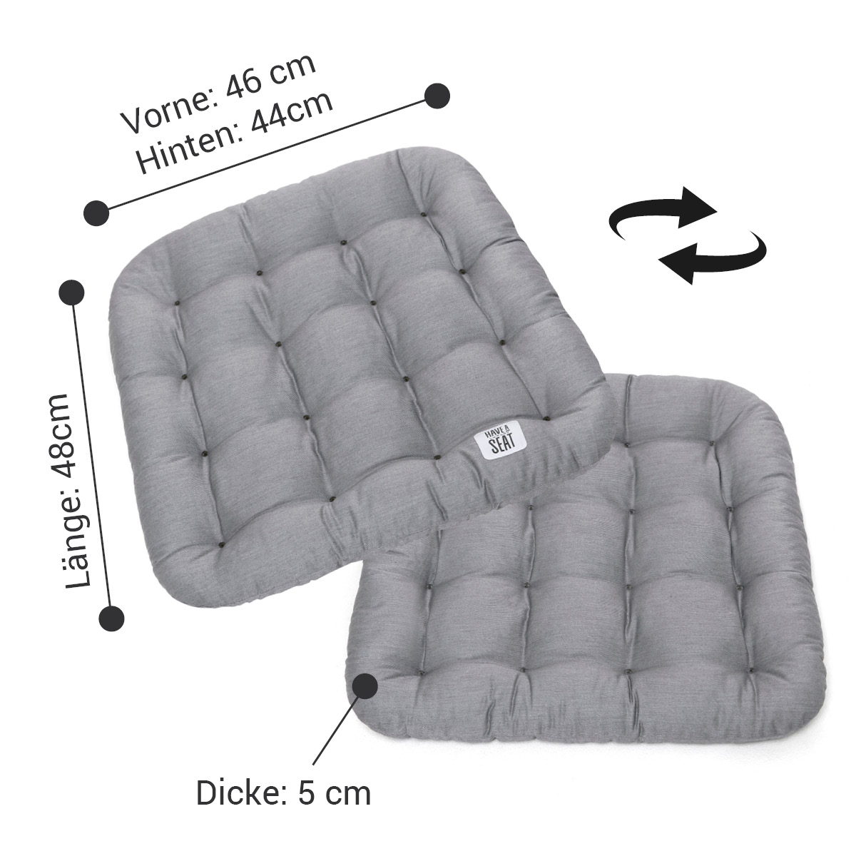 Premium Sitzkissen 48x46, 5 cm dicke Riegel-Polsterung (kälteabweisend), das Kissen kann auf beiden Seiten verwendet werden | HAVE A SEAT Living