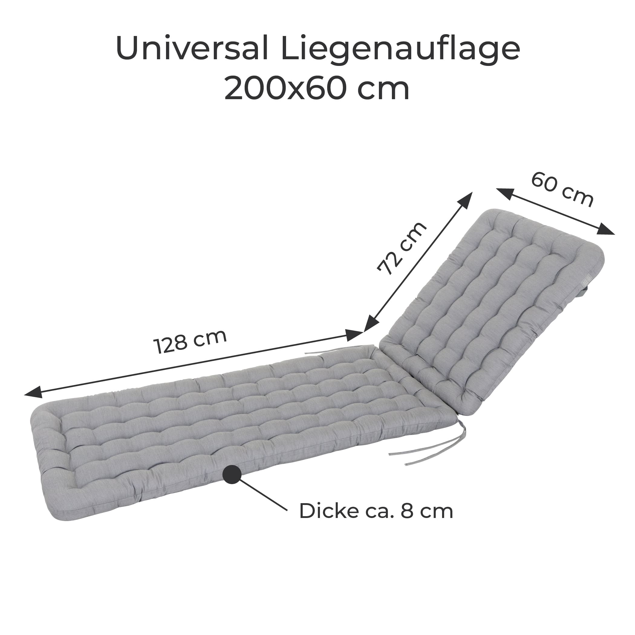 Hellgraue Liegenauflage mit gesteppter Polsterung, passend für Liegen mit Maß 200 x 60 cm und ca. 8 cm Dicke.