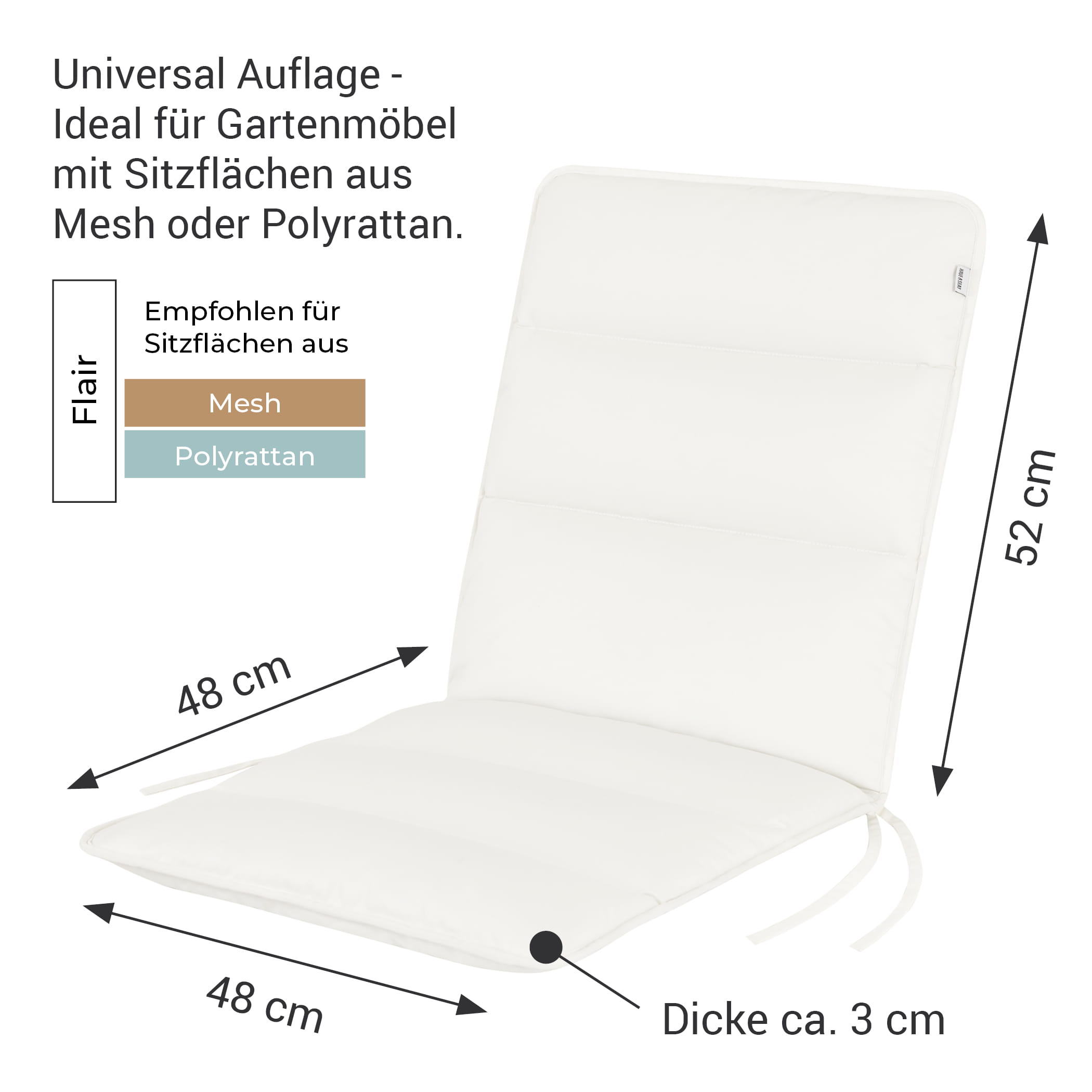 Universal-Auflage für Gartenstühle - Serie Flair in Weiss - Auflagenbreite: 48 cm, Sitztiefe 48 cm, Höhe Rückenteil: 52 cm, Dicke: ca. 3 cm