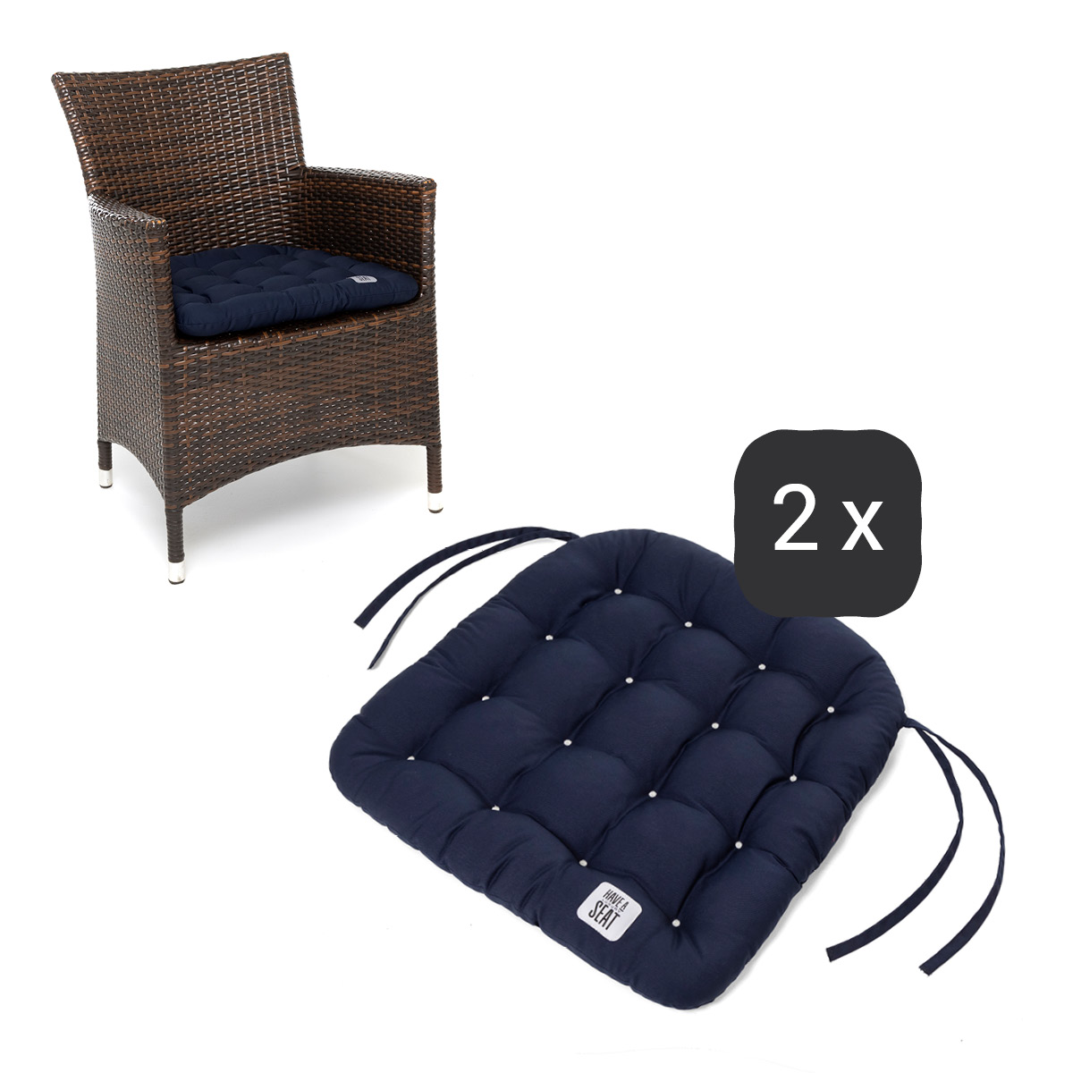 Sitzkissen für Rattanstühle 48x46 cm | Marine-Blau | 2er Set | Premium-Sitzkomfort | Indoor / Outdoor | waschbar bis 95°C | HAVE A SEAT Living