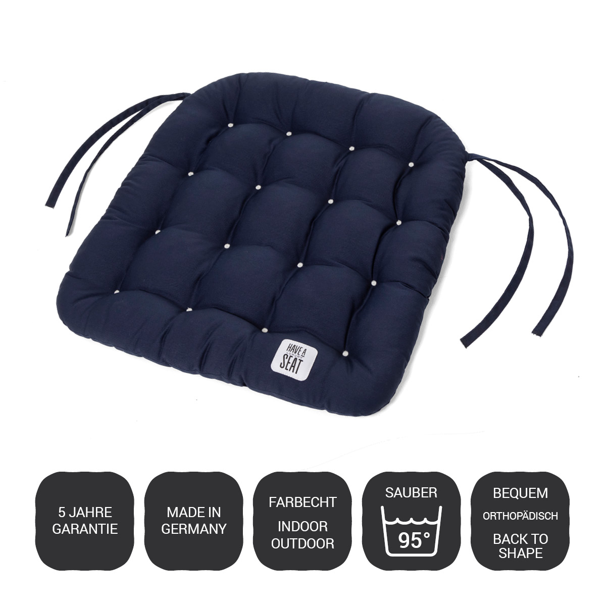 HAVE A SEAT Living Stuhlkissen 48x46 cm Marine-Blau | 5 Jahre Garantie | Made in Germany | Farbecht | Indoor / Outdoor / Bequem | orthopädisch