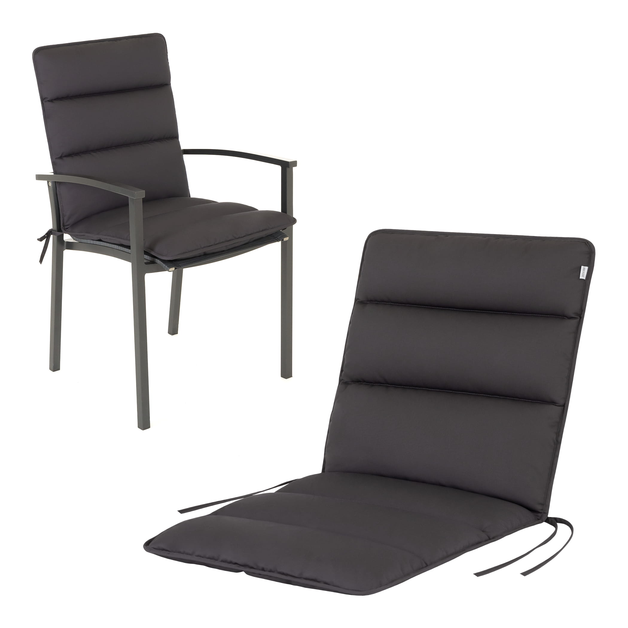 Sitzauflage Niedriglehner Flair | 100x48 cm | Grau / Anthrazit Weiche Gartenstuhlauflage Flair 120x48 cm in Grau / Anthrazit – Seitenansicht und auf einem Niedriglehner-Stapelstuhl mit Mesh-Sitzfläche