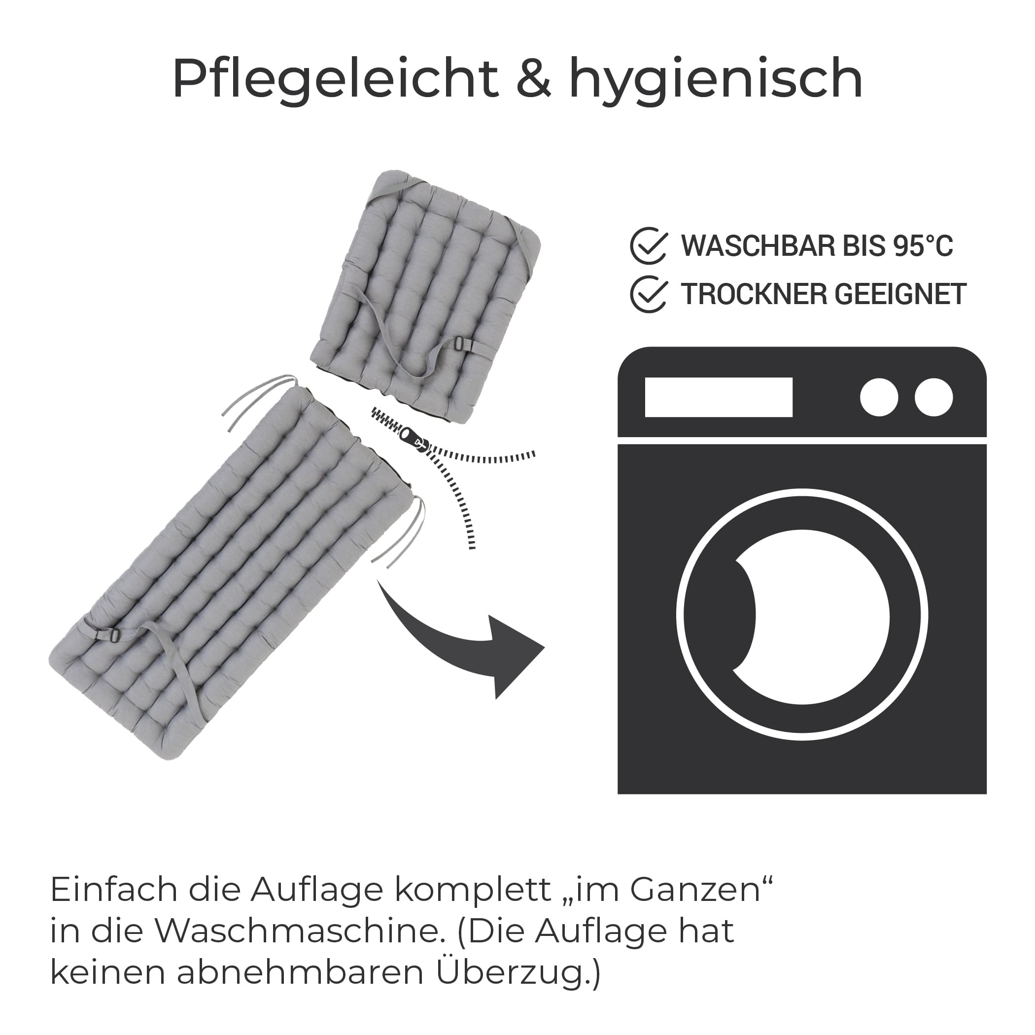 Pflegehinweis zur Hellgrauen Liegenauflage mit Waschmaschinen-Symbol, waschbar bis 95 °C, trocknergeeignet und nachhaltig nutzbar.