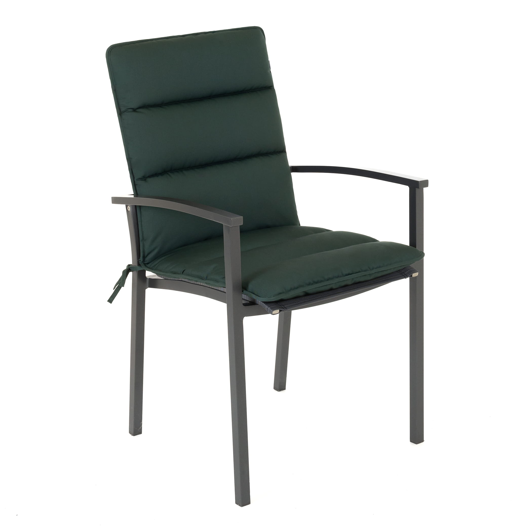 Sitzauflage Niedriglehner Flair in Moosgrün, 100x48 cm auf einem Gartenstuhl mit Mesh-Sitzfläche - Seitenansicht