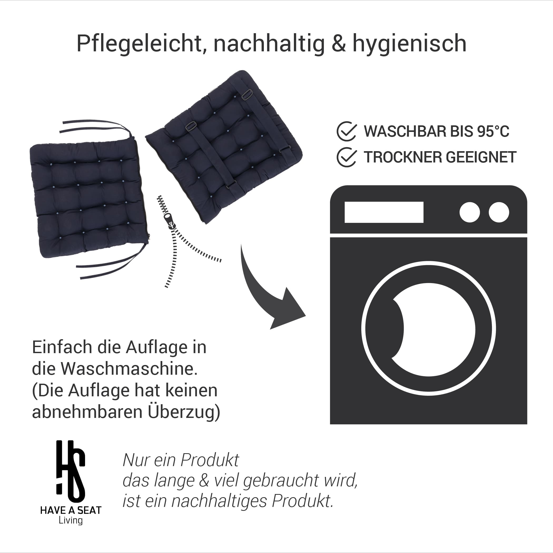 Auflage Niedriglehner waschbar | Marine-Blau | HAVE A SEAT Living Nachhaltige Sitzauflagen für Niedriglehner waschbar bis 95°C, hygienisch und pflegeleicht - Serie Luxury in Marine Blau