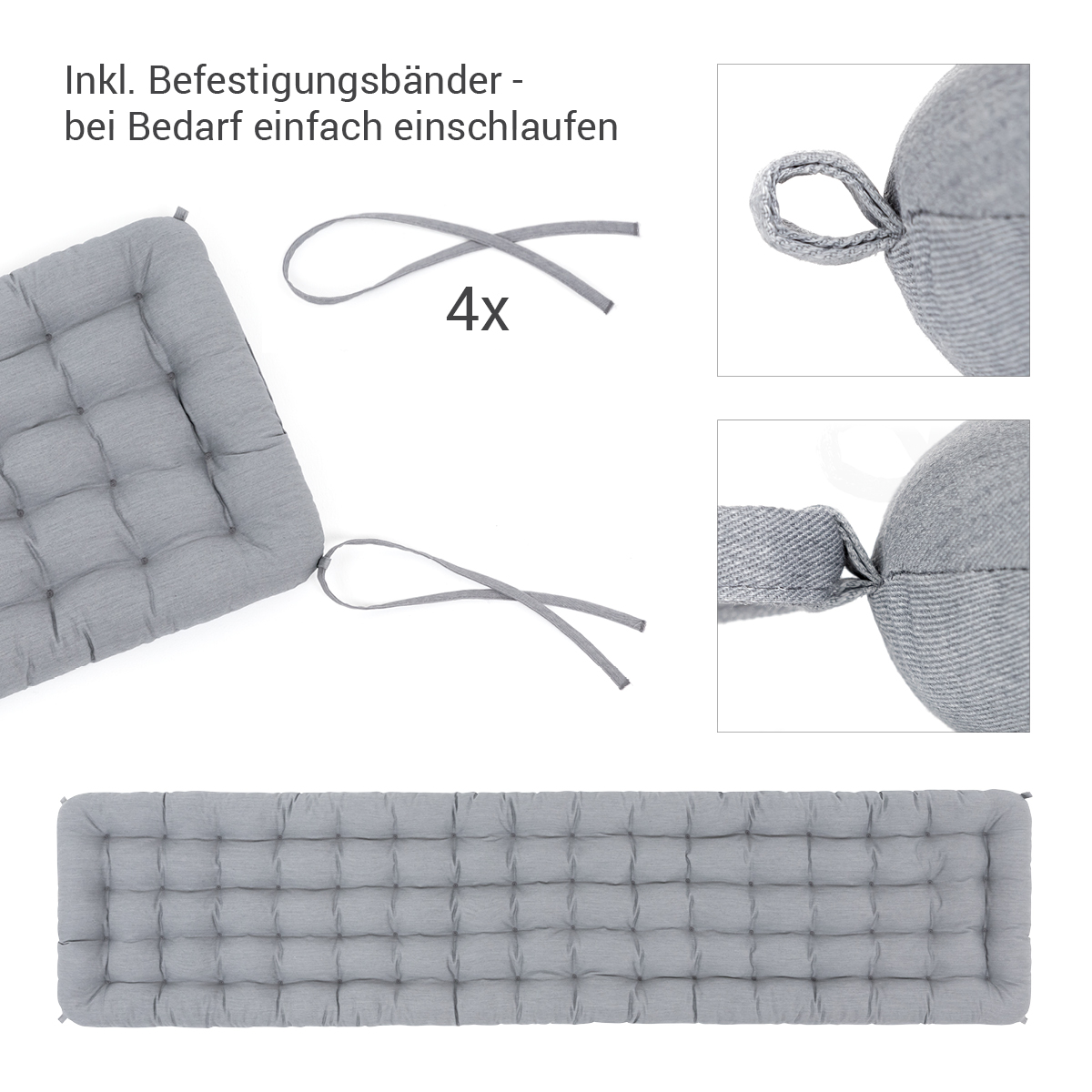 Hochwertige, Premium Auflage Sitzbank Hellgrau mit Bändern / Schlaufen | HAVE A SEAT Living - Made in Germany