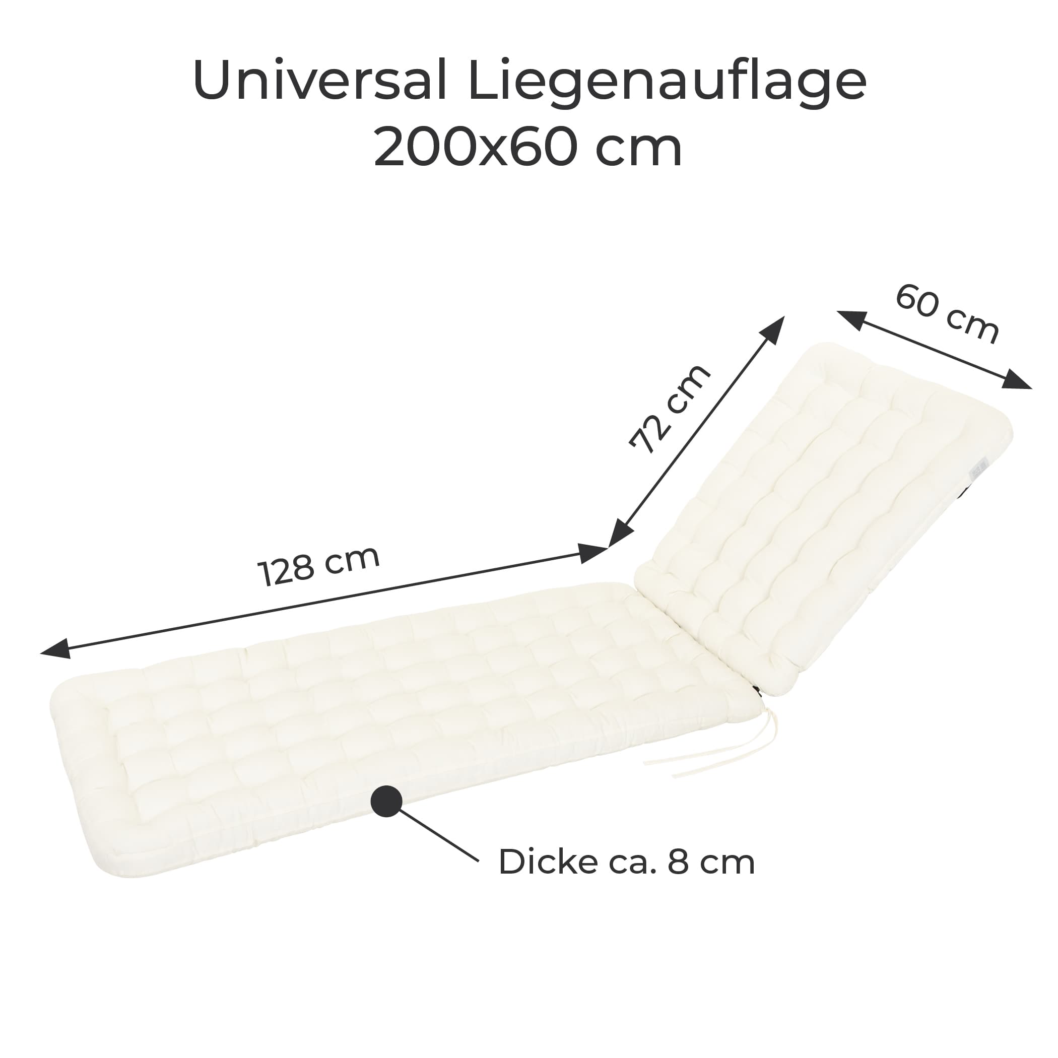 Weisse Liegenauflage mit gesteppter Polsterung, passend für Liegen mit Maß 200 x 60 cm und ca. 8 cm Dicke.